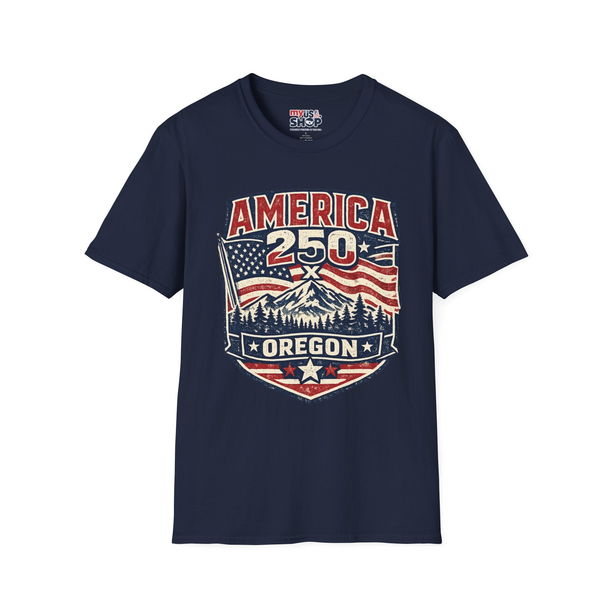 America 250 Oregon Shirt — Patriotic Mountain Flag Badge Tee