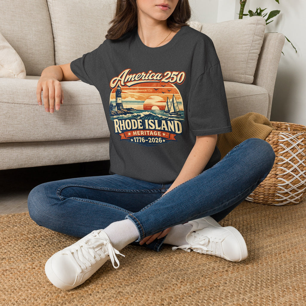 America 250 Rhode Island Heritage Shirt — Coastal Lighthouse Sunset Tee
