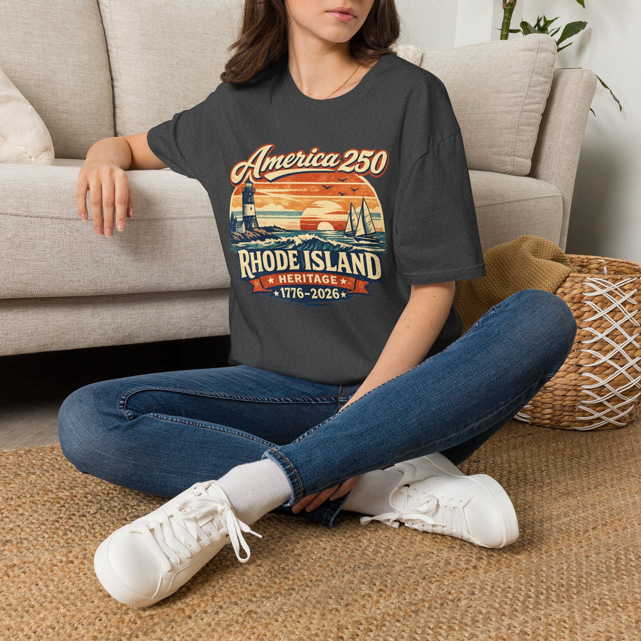 America 250 Rhode Island Heritage Shirt — Coastal Lighthouse Sunset Tee