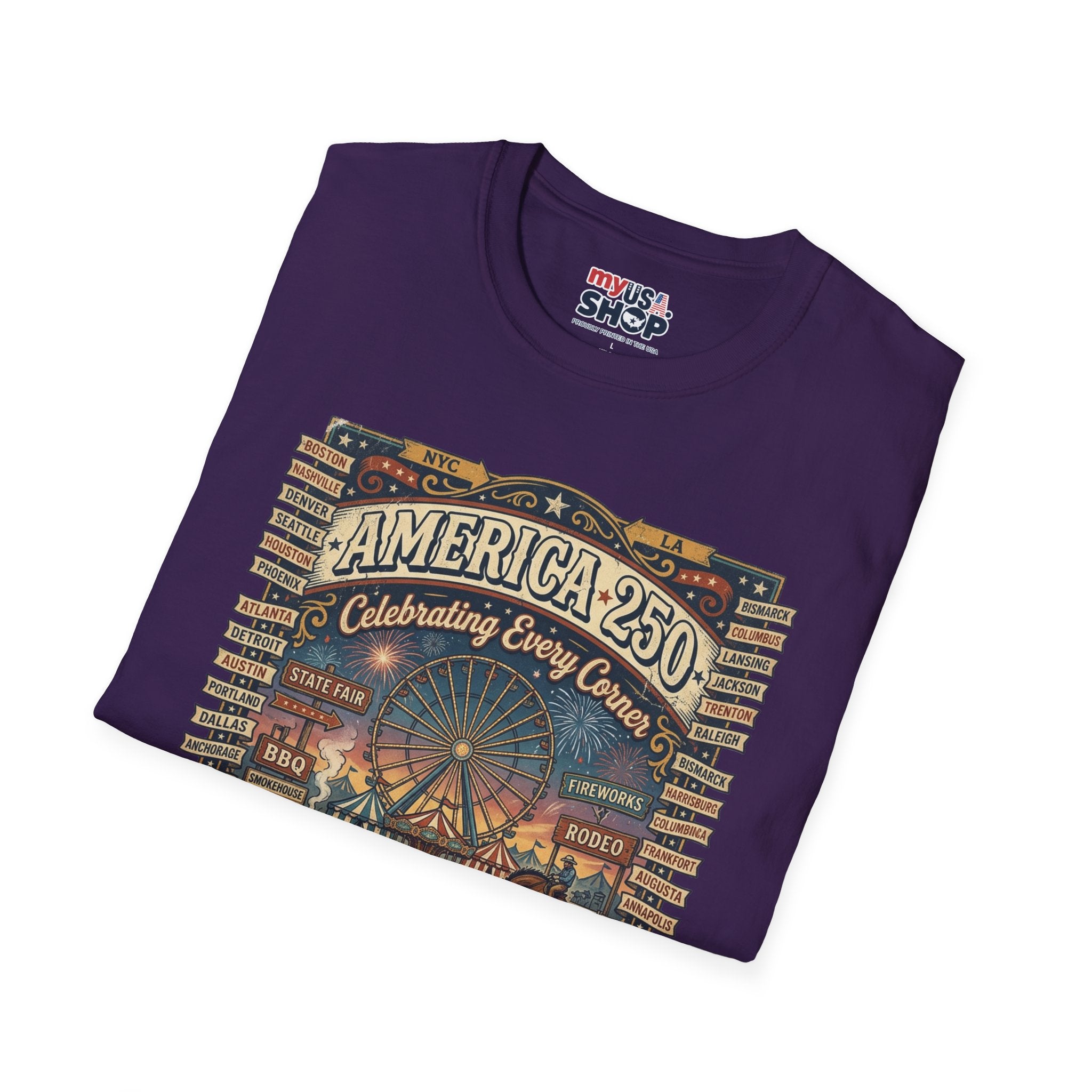 America 250 Celebration T-Shirt — Vintage Fair Ferris Wheel Patriotic Tee Pop Culture