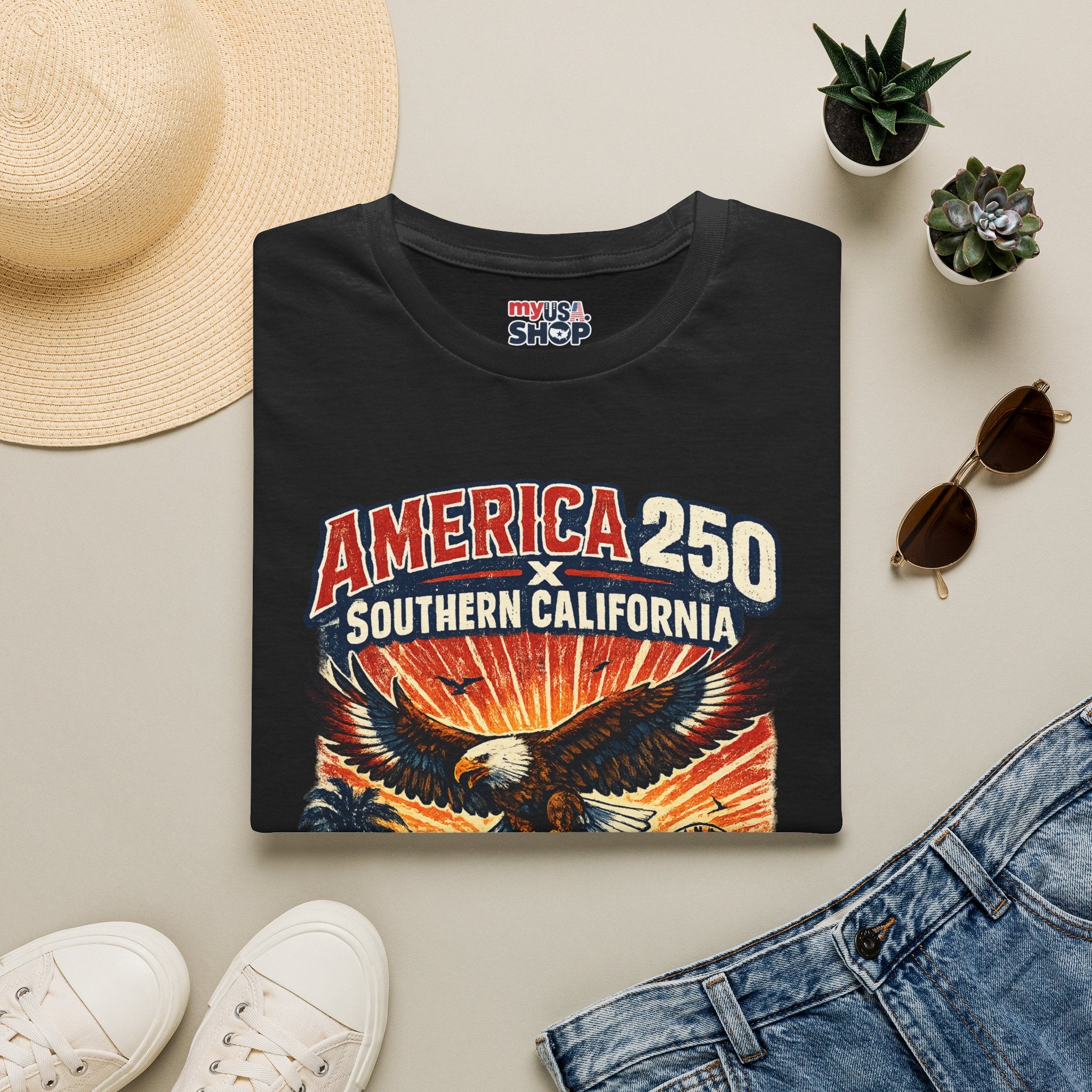 America 250 Southern California Graphic T-Shirt — Eagle, Sunset & Beach Vintage Design