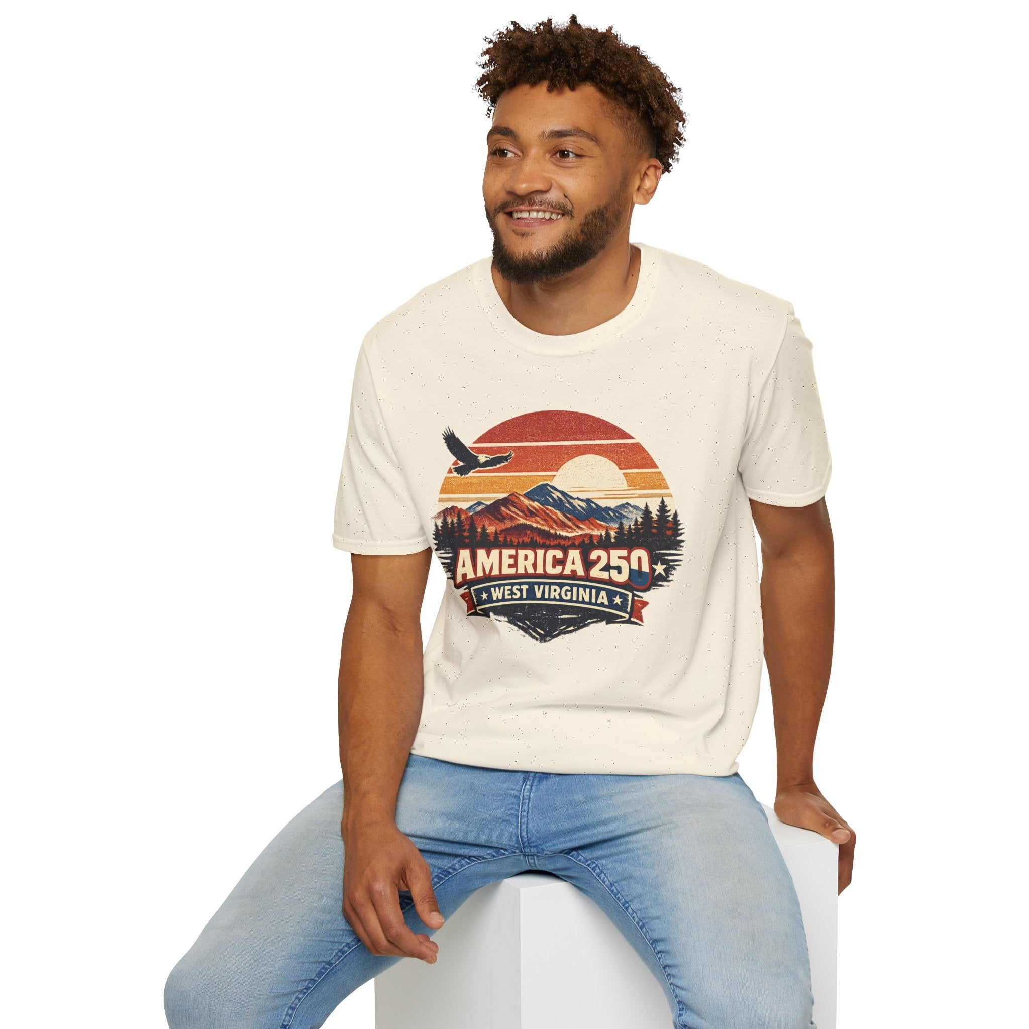 America 250 Retro Sunrise T-Shirt — West Virginia Scenic Eagle Design