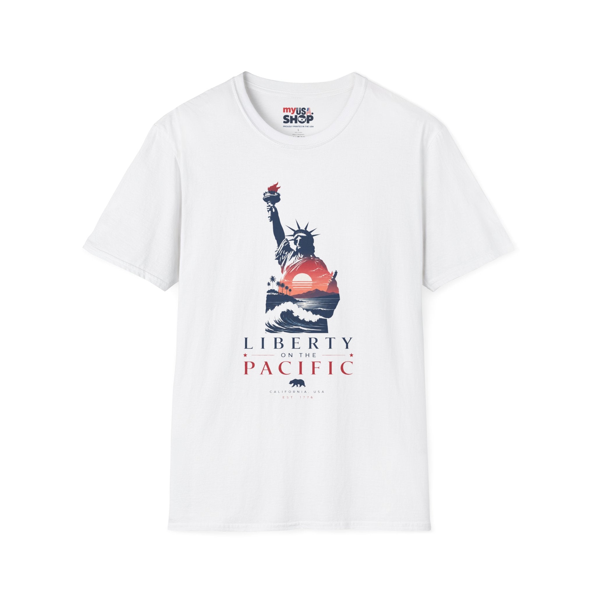 America 250 Liberty Pacific California T-Shirt — Statue of Liberty Sunset Graphic