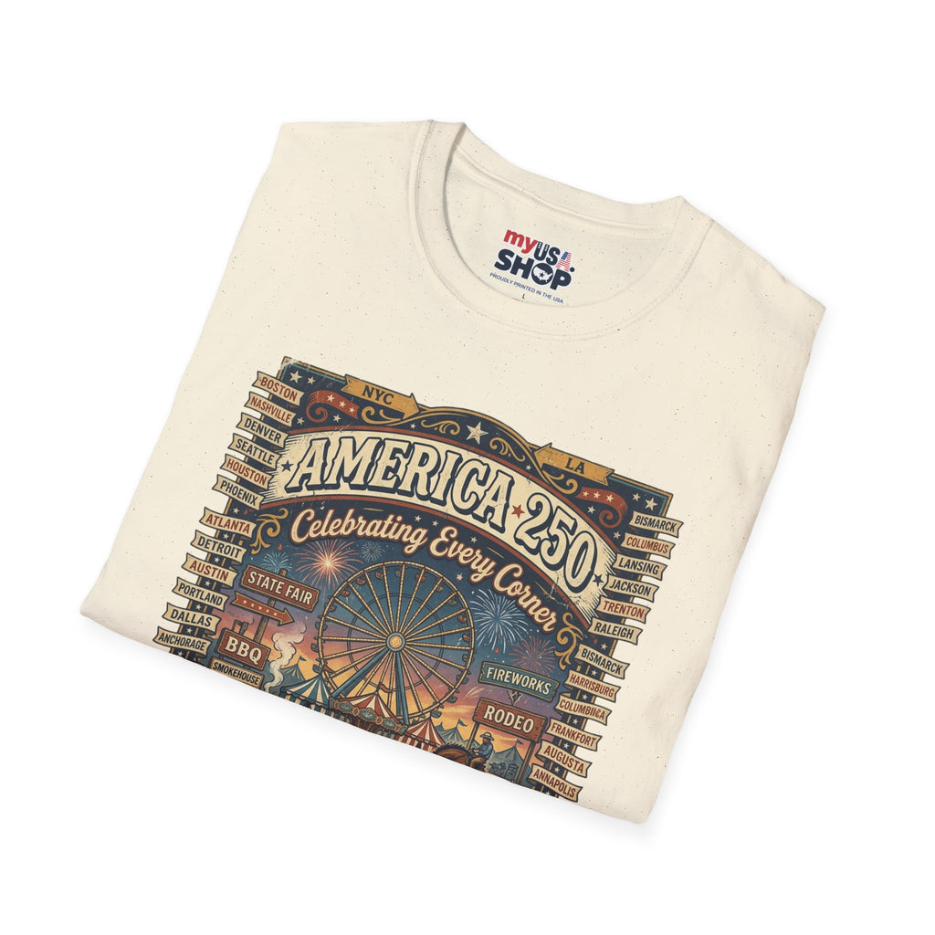 America 250 Celebration T-Shirt — Vintage Fair Ferris Wheel Patriotic Tee Pop Culture
