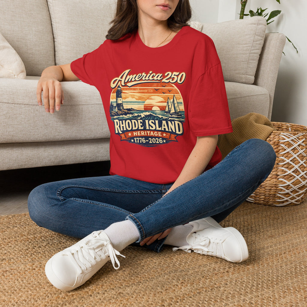 America 250 Rhode Island Heritage Shirt — Coastal Lighthouse Sunset Tee