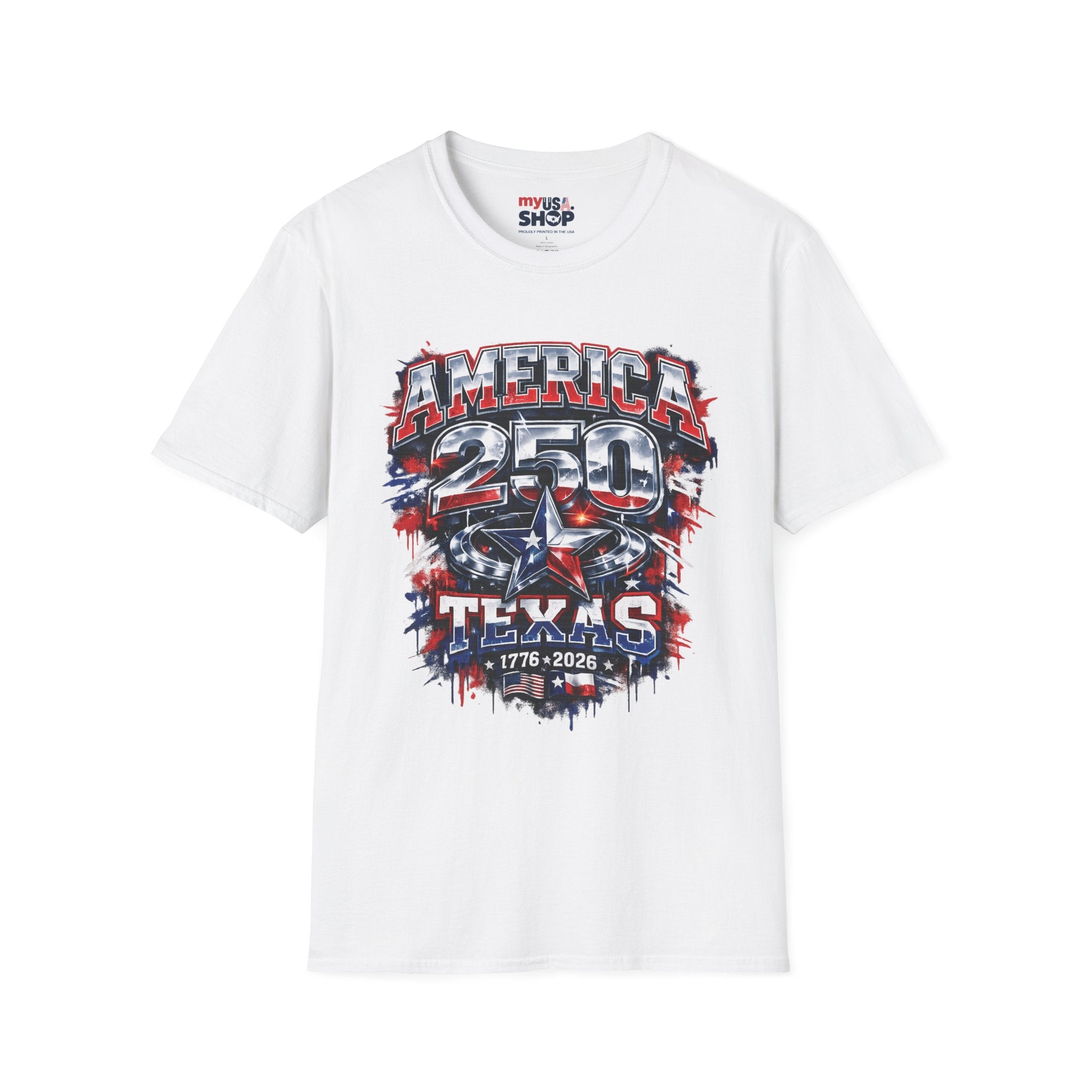 America 250 Texas Shirt — Patriotic Chrome Star Graphic Tee