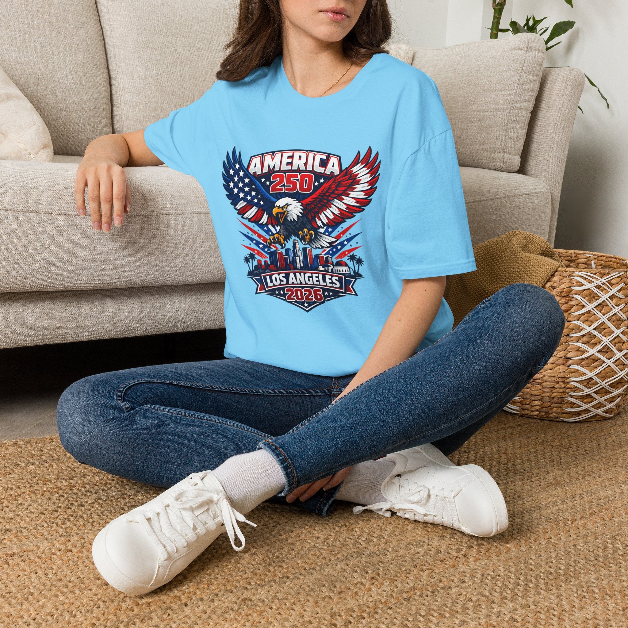 America 250 Los Angeles Skyline Patriotic Eagle California Tee