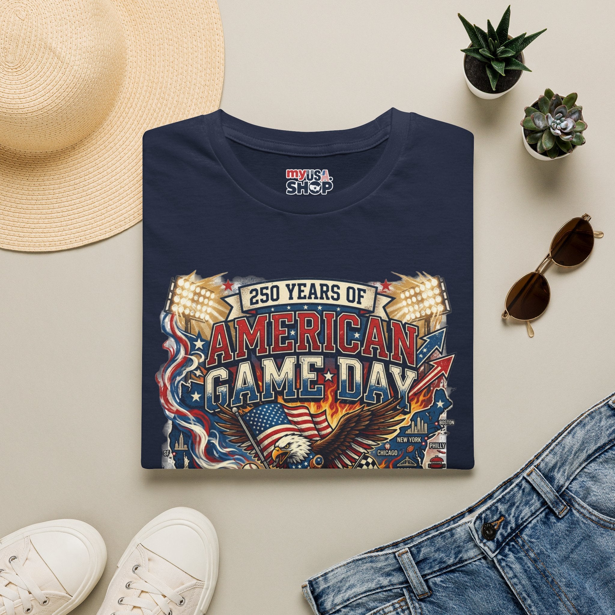 American Game Day T-Shirt — 250 Years USA Football & Baseball Celebration Pop Culture
