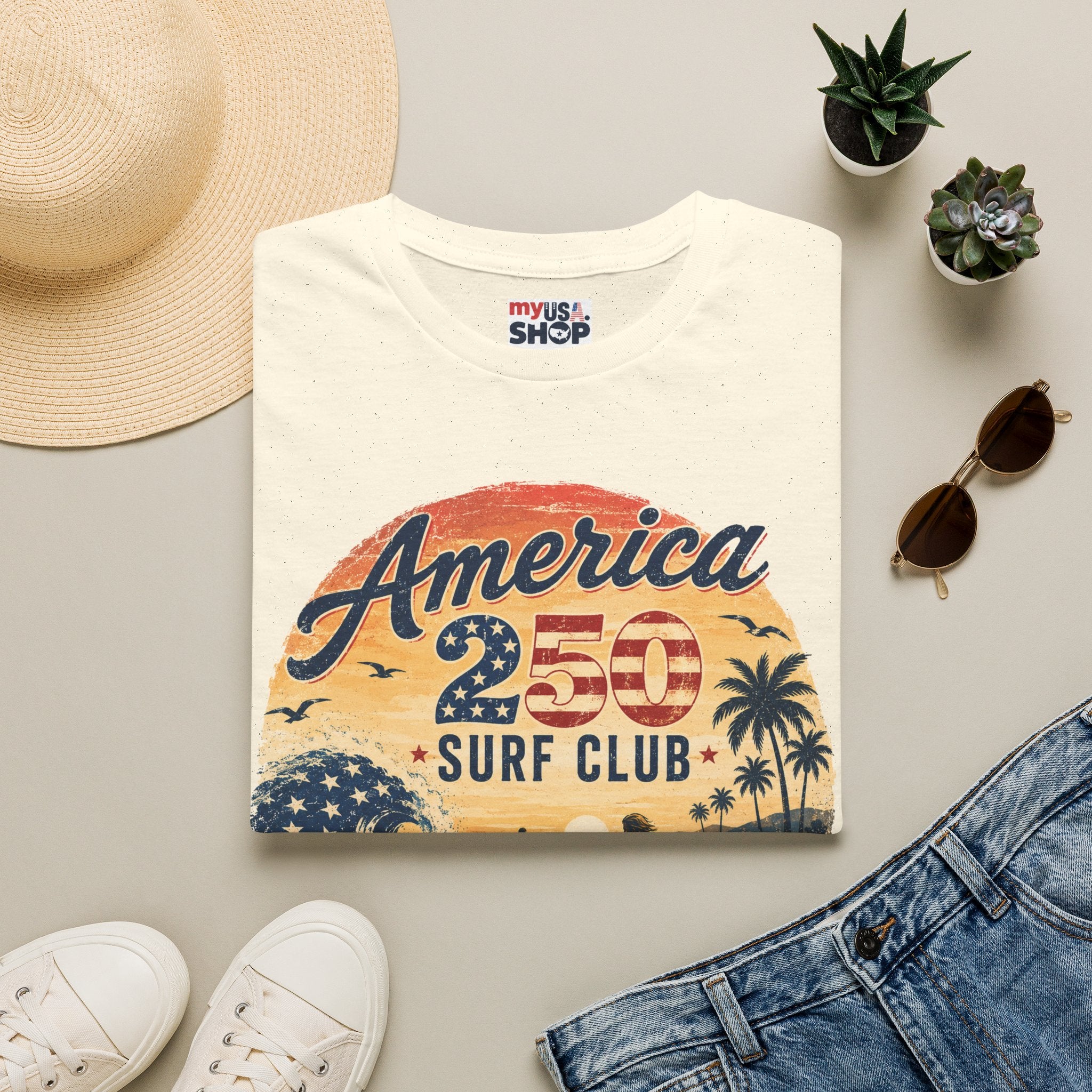 America 250 Surf Club T-Shirt — Patriotic California Surf Vintage Tee