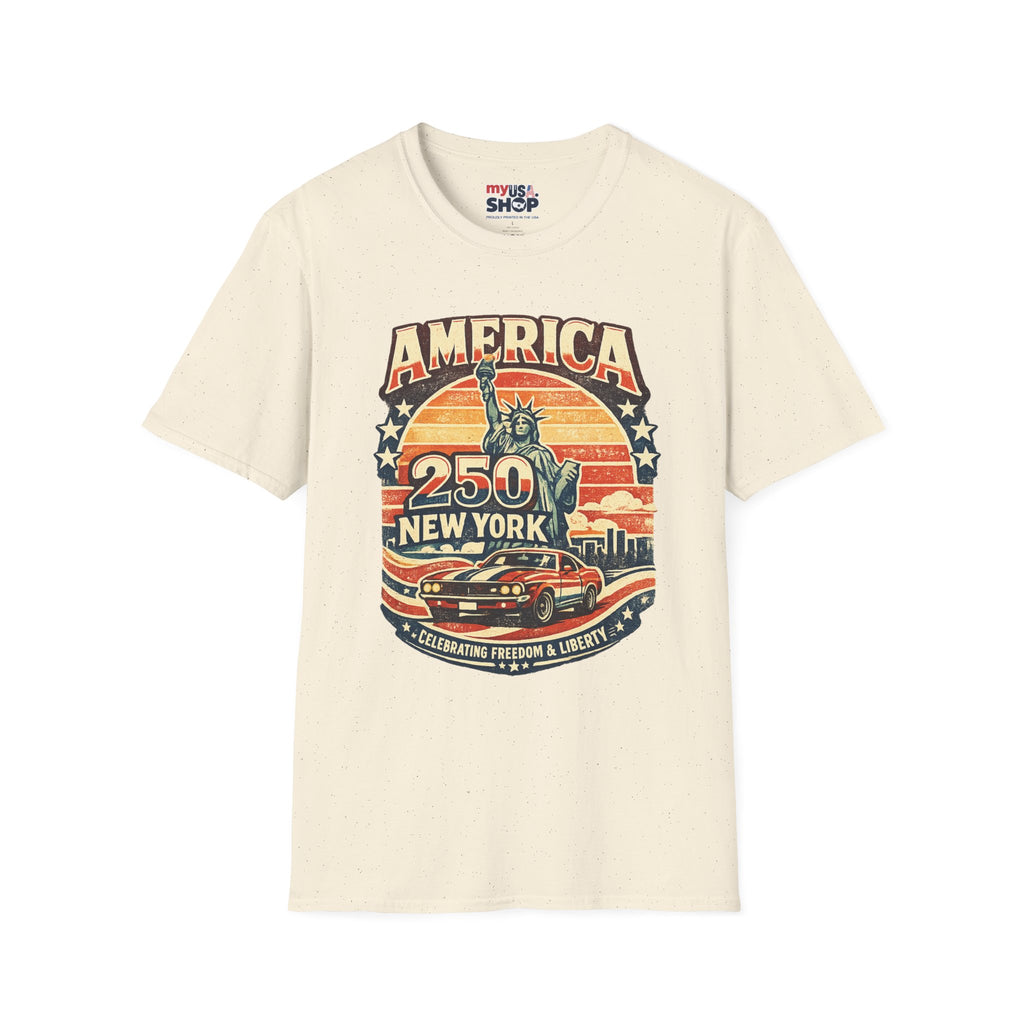America 250 New York T-Shirt — Retro Statue of Liberty Graphic