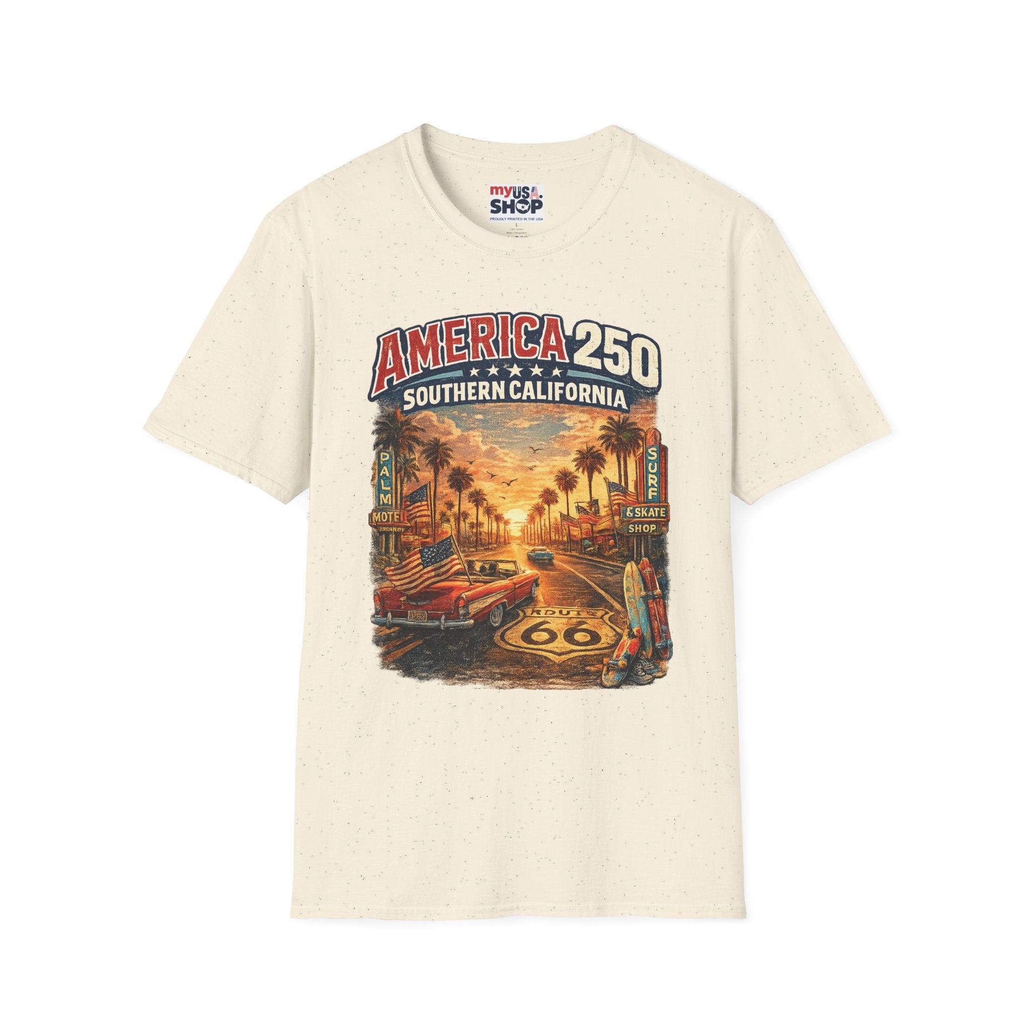 America 250 Southern California Sunset T‑Shirt — Retro Route 66 Palm Tree Tee