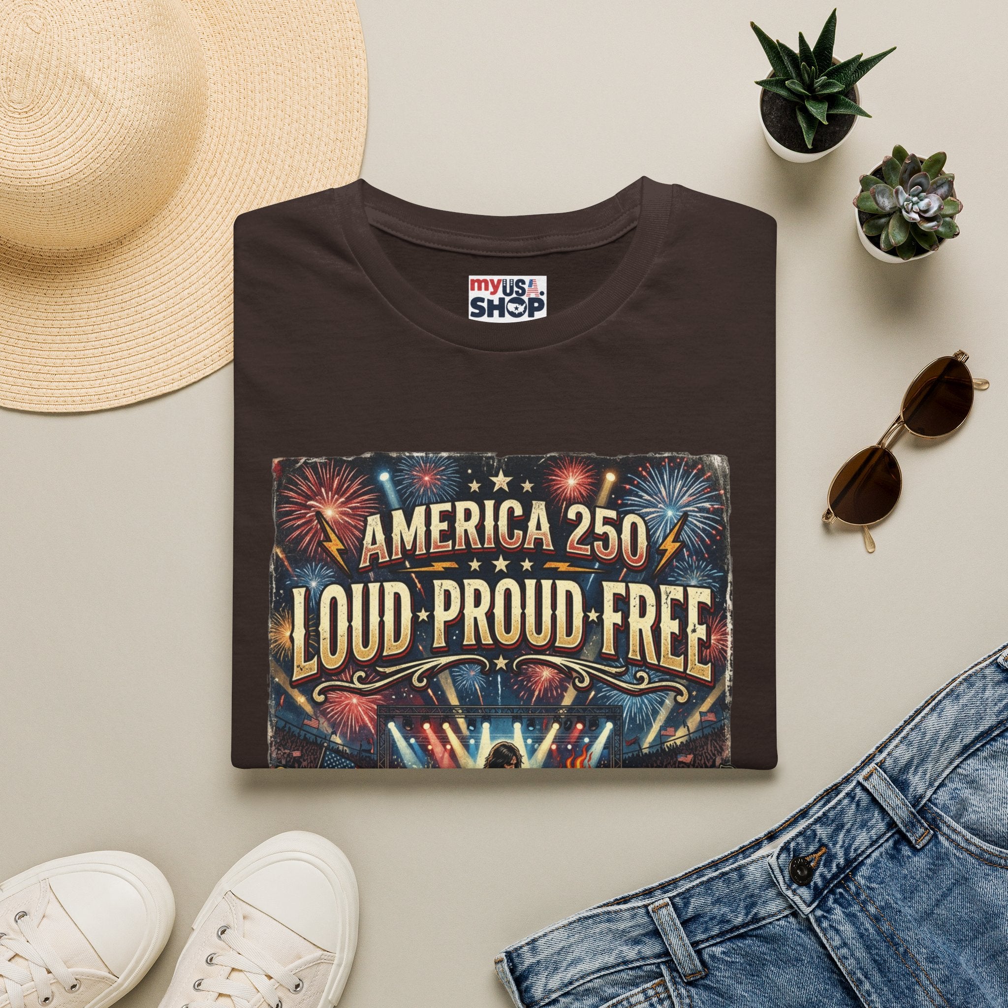 America 250 "Loud Proud Free" T-Shirt — Patriotic Fireworks Concert Tee Pop Culture