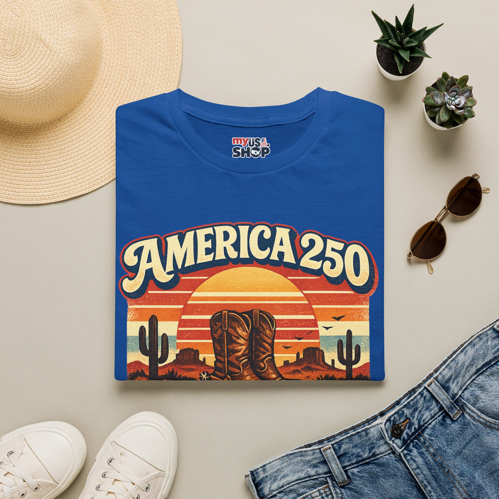 America 250 Texas T-Shirt — 1776–2026 Retro Cowboy Boots Sunset Design