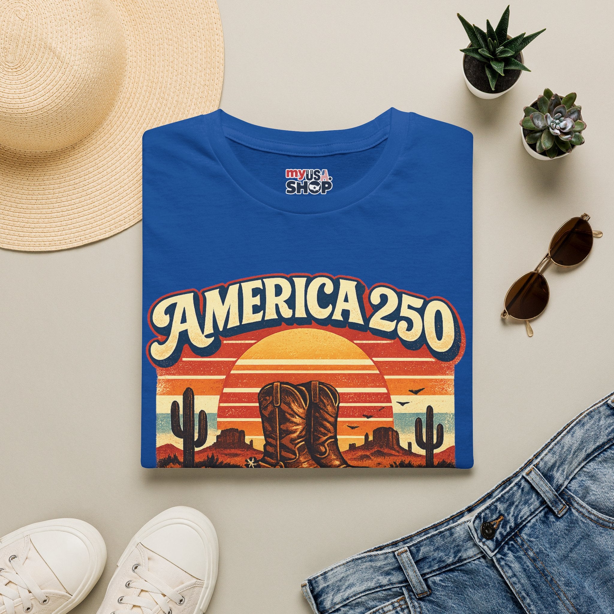 America 250 Texas T-Shirt — 1776–2026 Retro Cowboy Boots Sunset Design