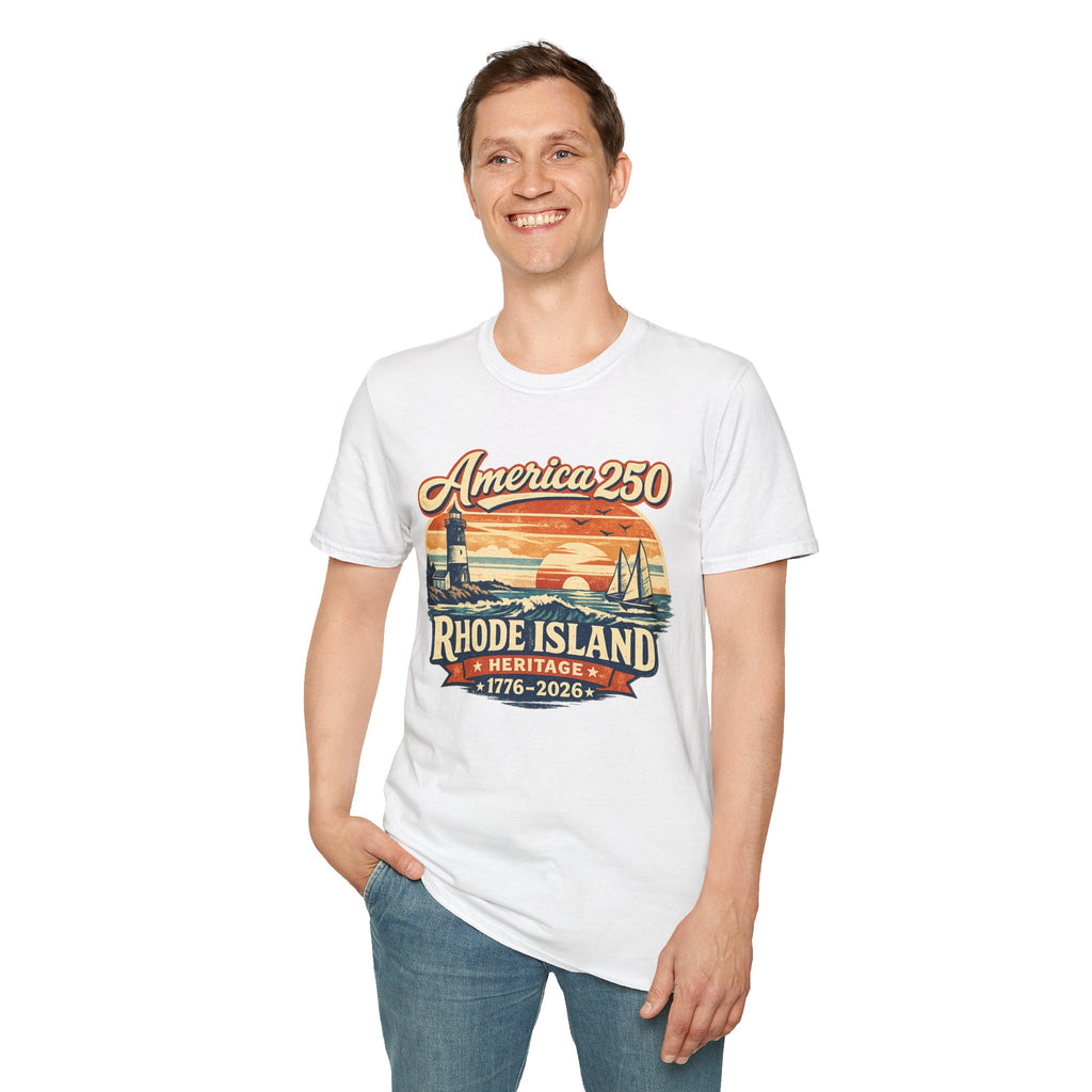 America 250 Rhode Island Heritage Shirt — Coastal Lighthouse Sunset Tee