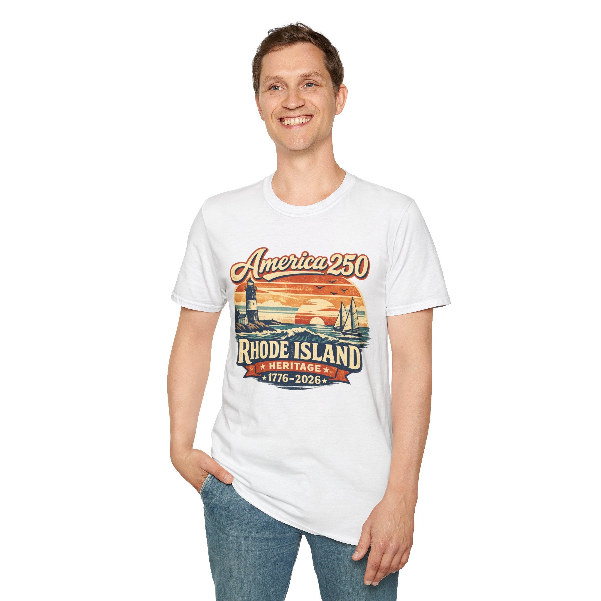 America 250 Rhode Island Heritage Shirt — Coastal Lighthouse Sunset Tee