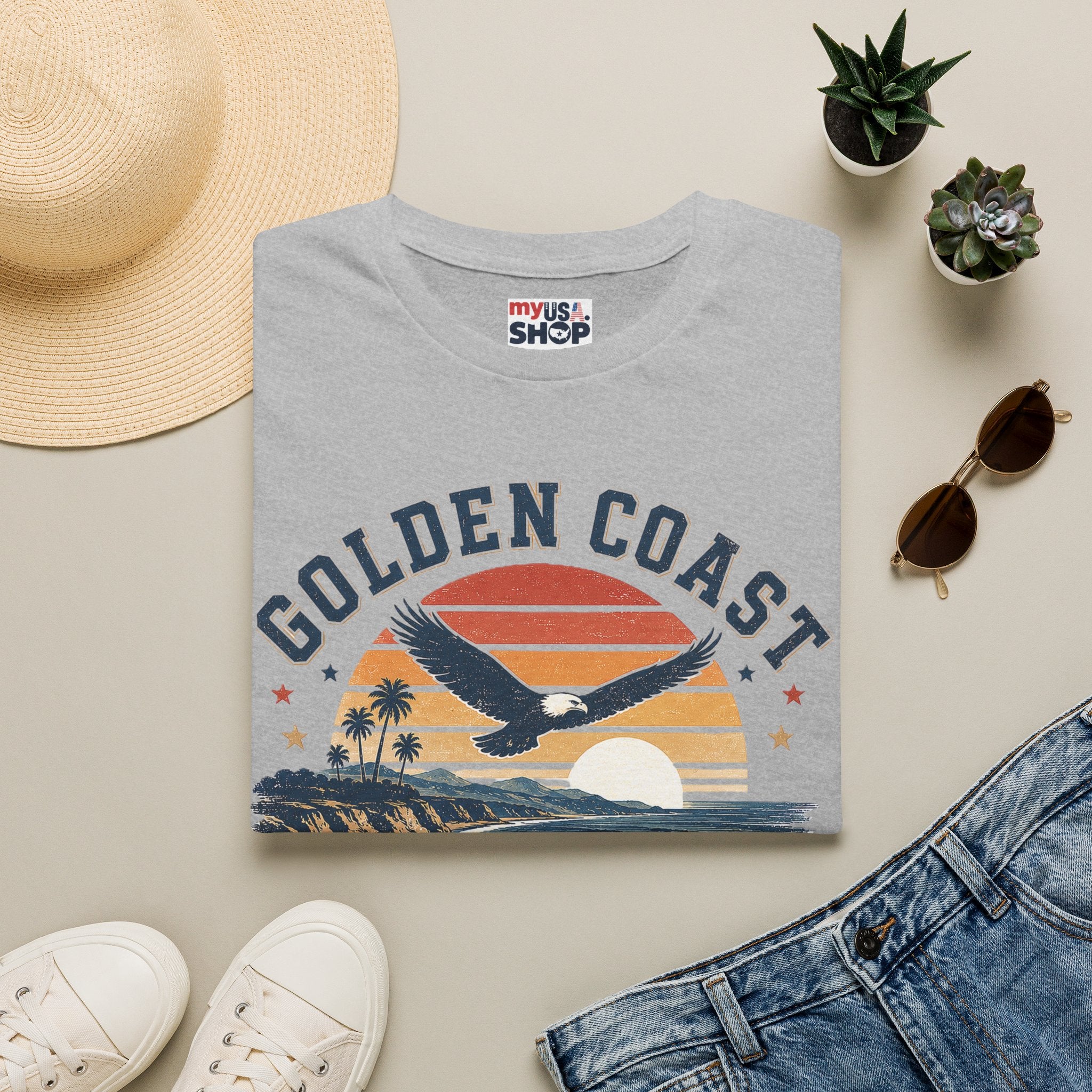 Golden Coast T-Shirt — Retro Sunset Eagle America 250 Beach Tee