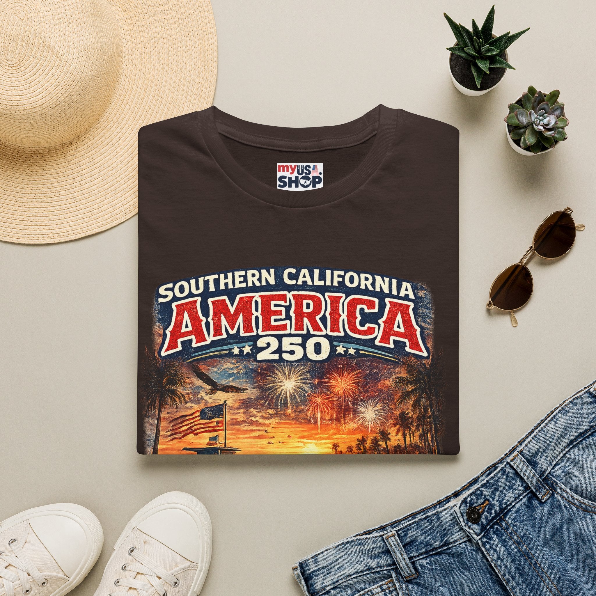 America 250 Southern California Sunset T-Shirt — Patriotic 4th of July Beach Vintage Tee