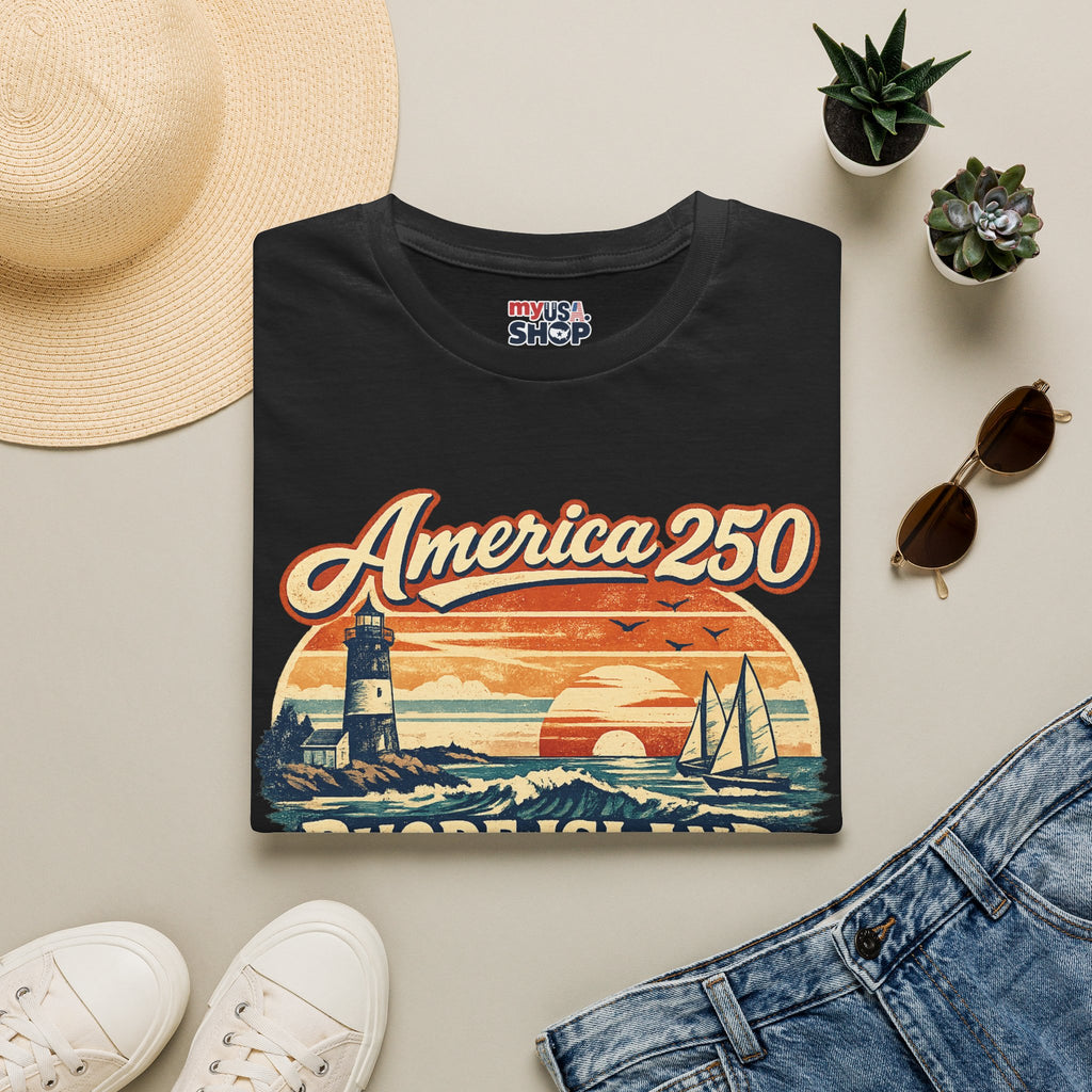 America 250 Rhode Island Heritage Shirt — Coastal Lighthouse Sunset Tee