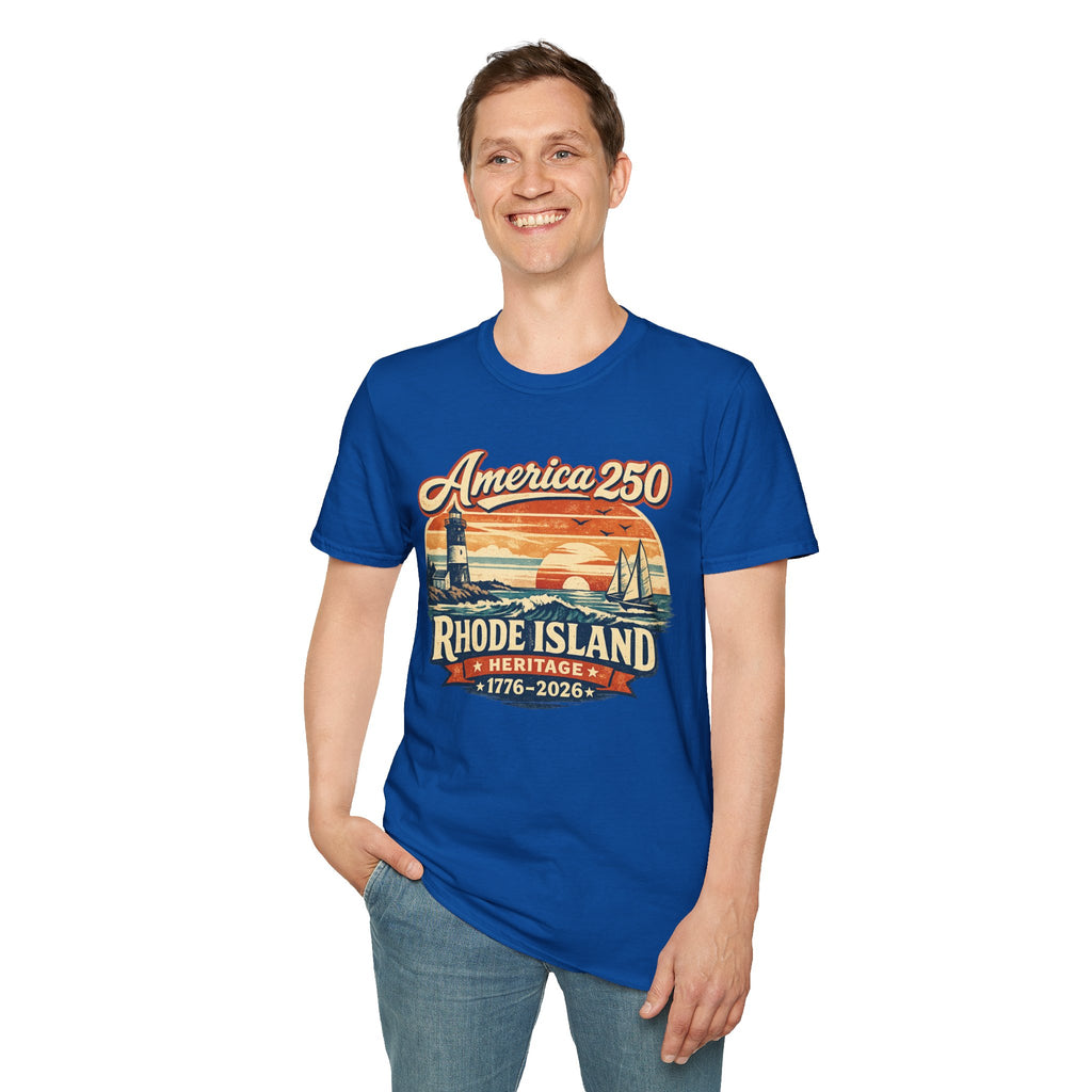 America 250 Rhode Island Heritage Shirt — Coastal Lighthouse Sunset Tee