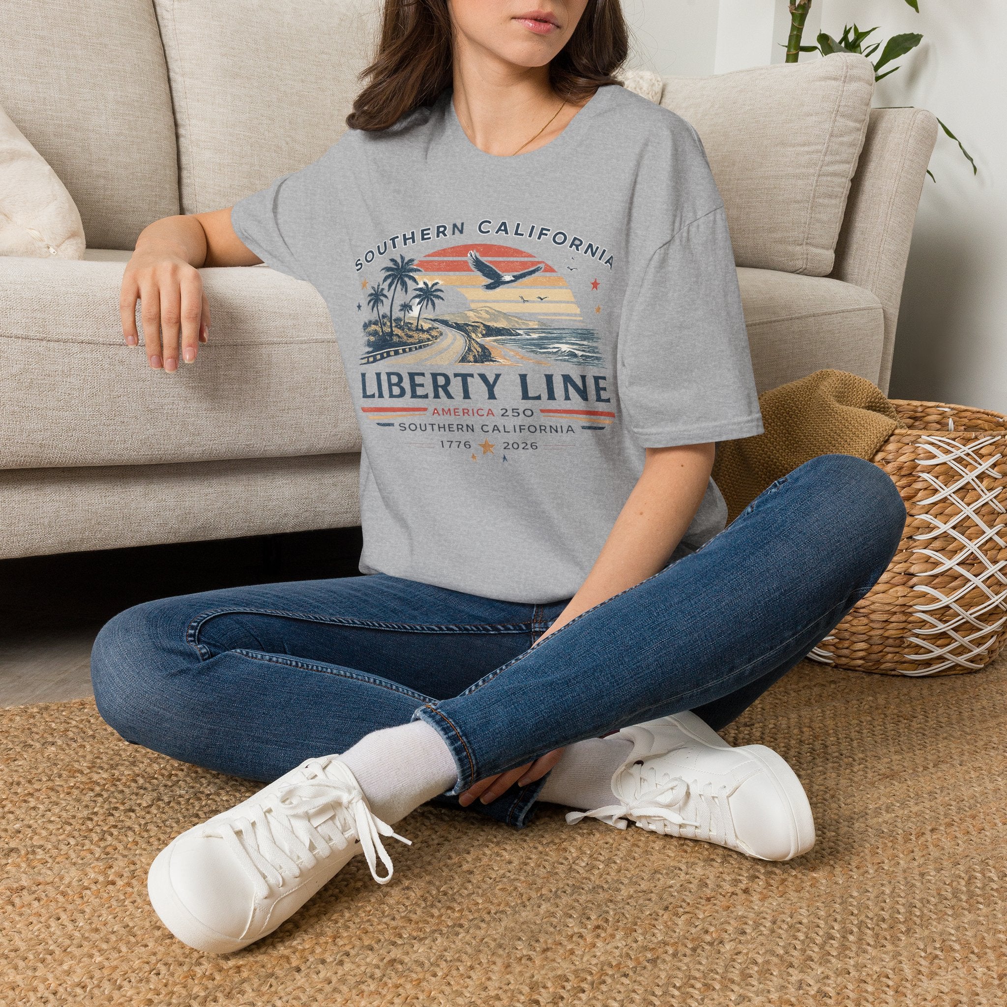 America 250 Southern California Liberty Line T-Shirt — Retro Beach Sunset Graphic