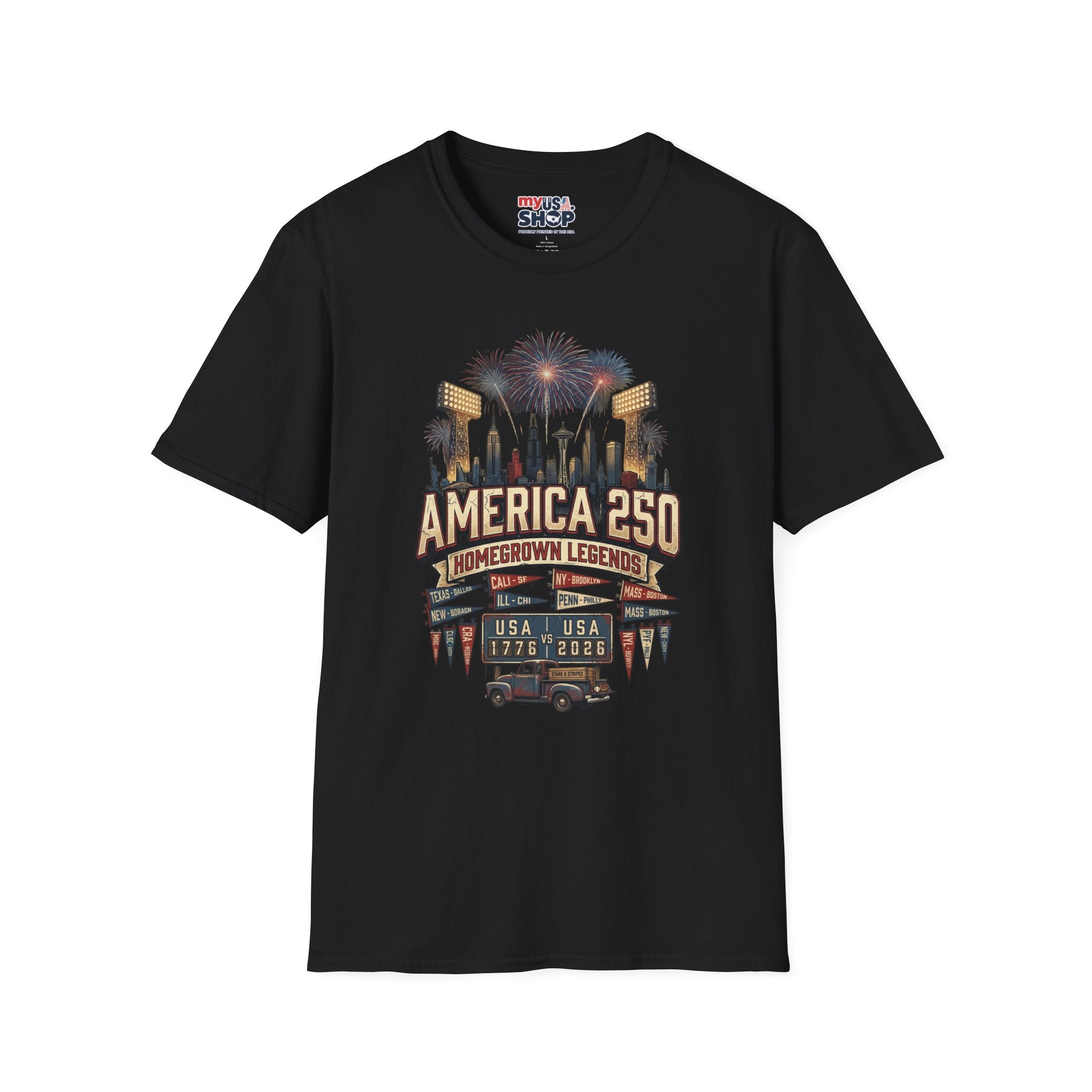 America 250 Celebration T‑Shirt — Hometown Legends Fireworks Skyline Pop Culture