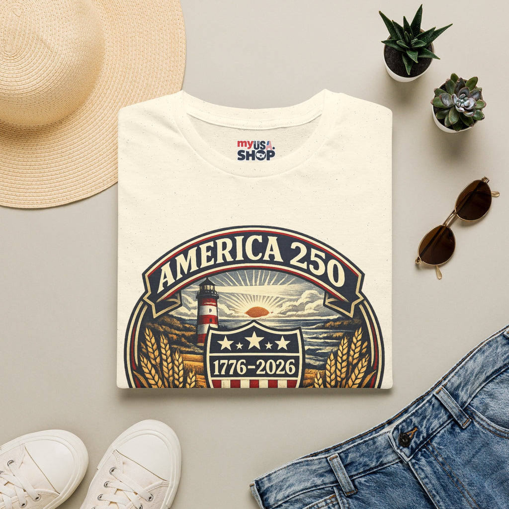 America 250 Commemorative T-Shirt – Wisconsin History Lighthouse Vintage Badge