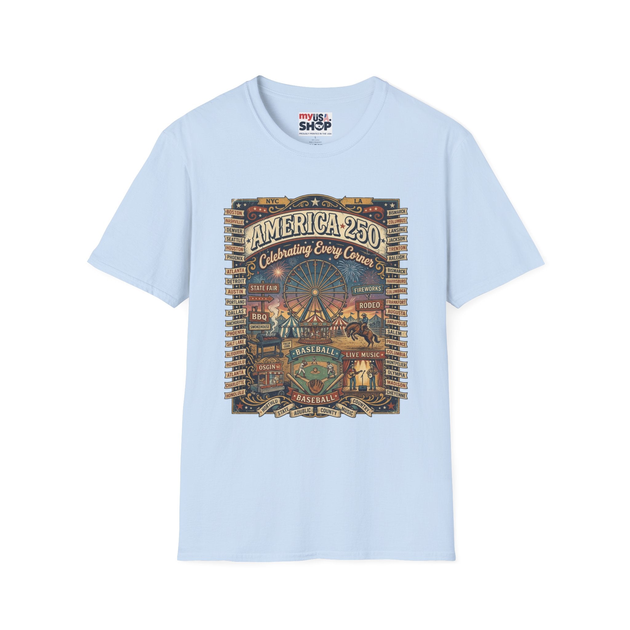 America 250 Celebration T-Shirt — Vintage Fair Ferris Wheel Patriotic Tee Pop Culture
