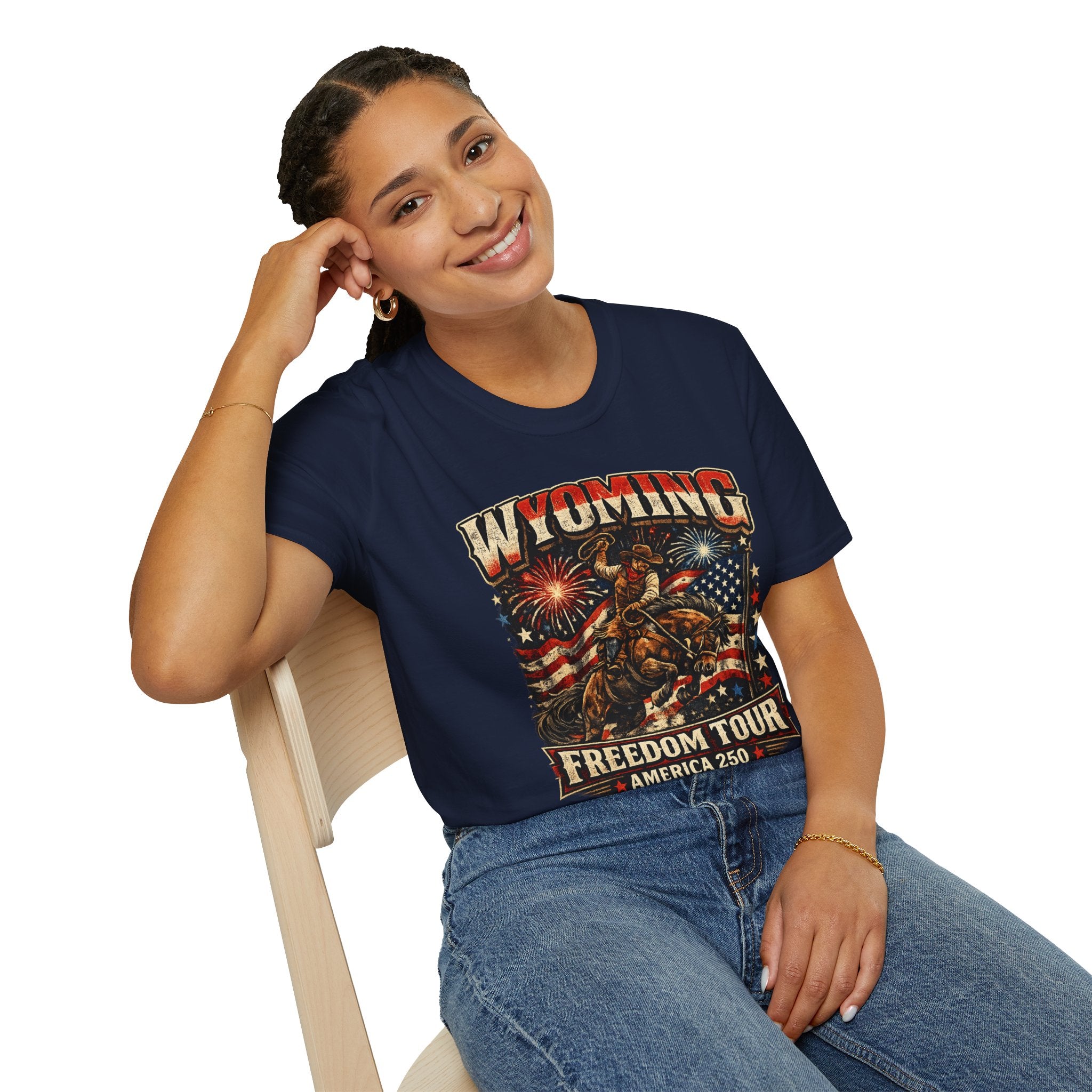 America 250 Freedom Tour T-Shirt — Wyoming Patriotic Rodeo USA Graphic Tee