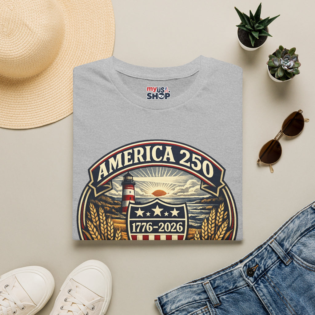 America 250 Commemorative T-Shirt – Wisconsin History Lighthouse Vintage Badge