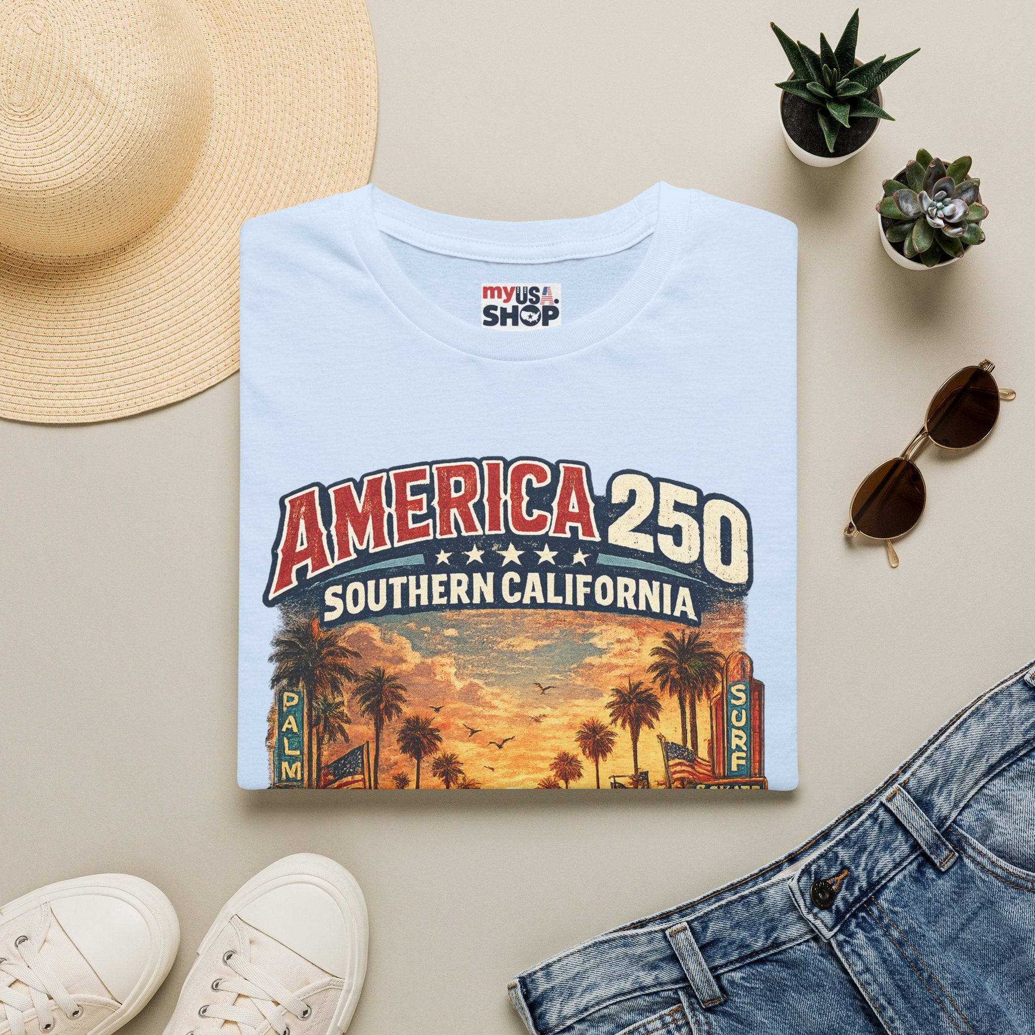 America 250 Southern California Sunset T‑Shirt — Retro Route 66 Palm Tree Tee