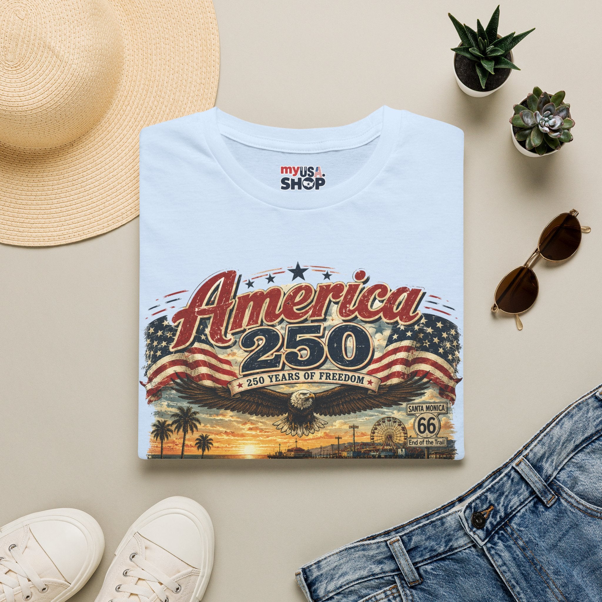 America 250 Santa Monica T-Shirt — USA 250 Years of Freedom Vintage Graphic Tee