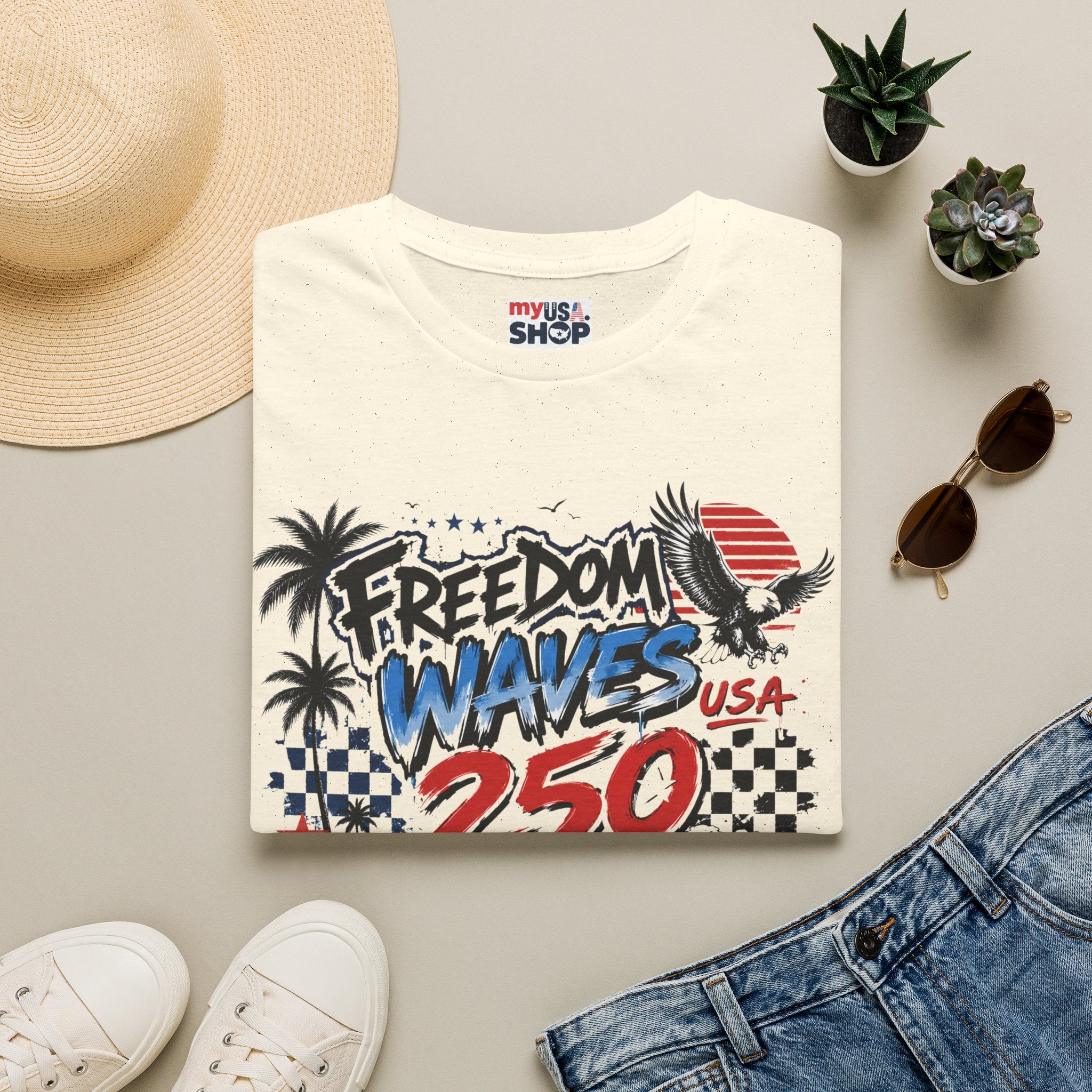 Freedom Waves America 250 USA T-Shirt — Patriotic Surf Graphic Tee