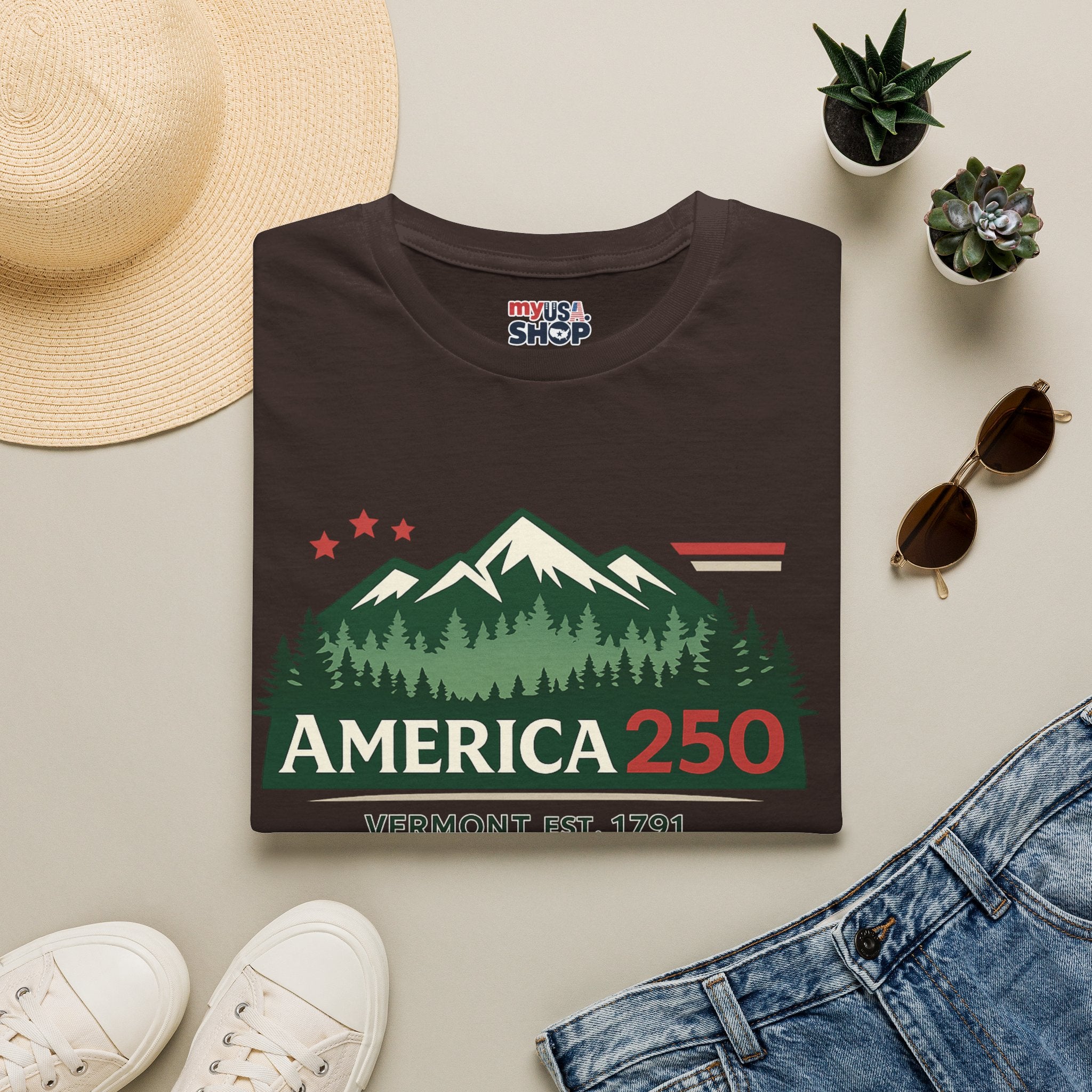 America 250 – Vermont Est. 1791 Mountain Star Vintage Tee Design