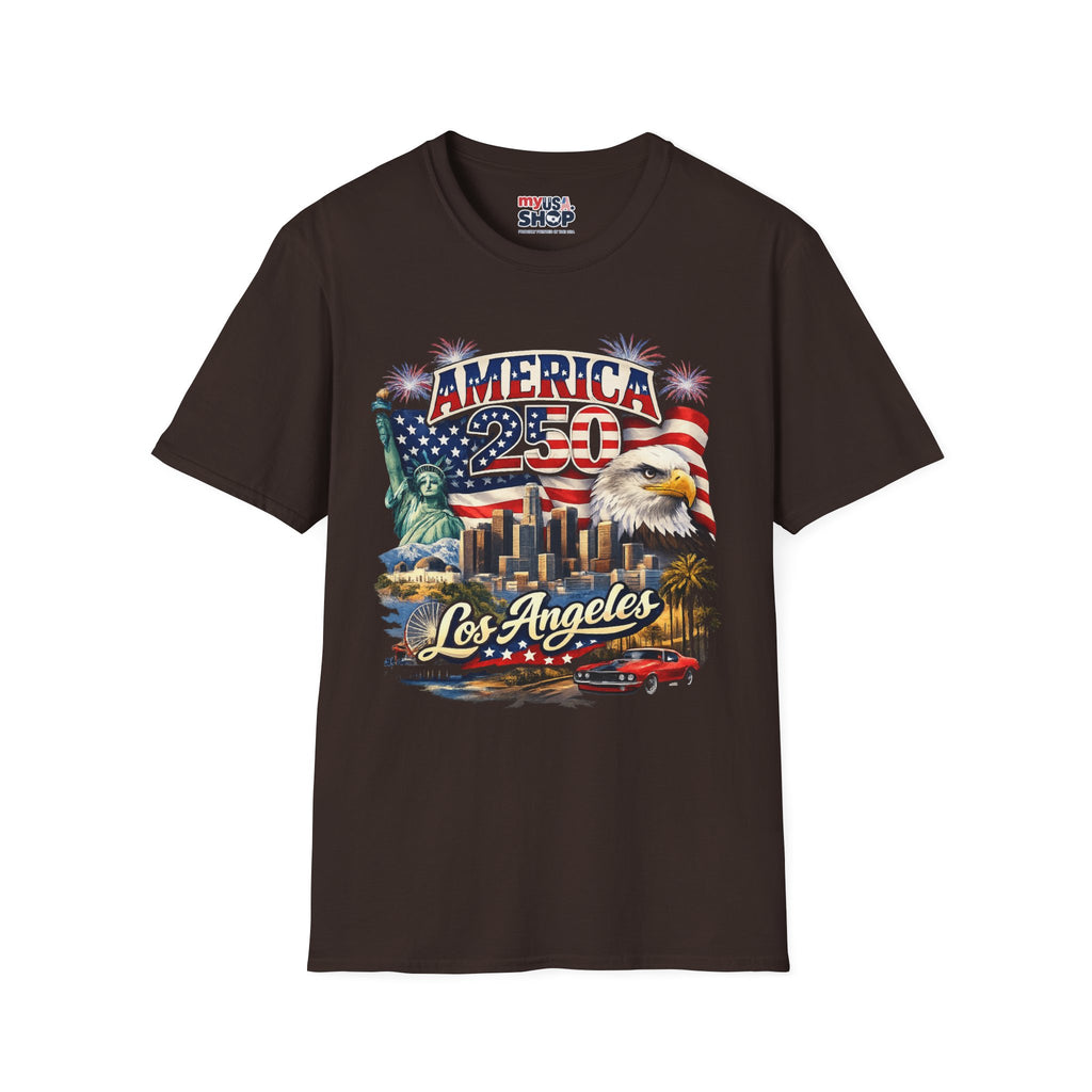 America 250 Los Angeles Statue of Liberty Eagle Skyline Muscle Car Fireworks California Tee