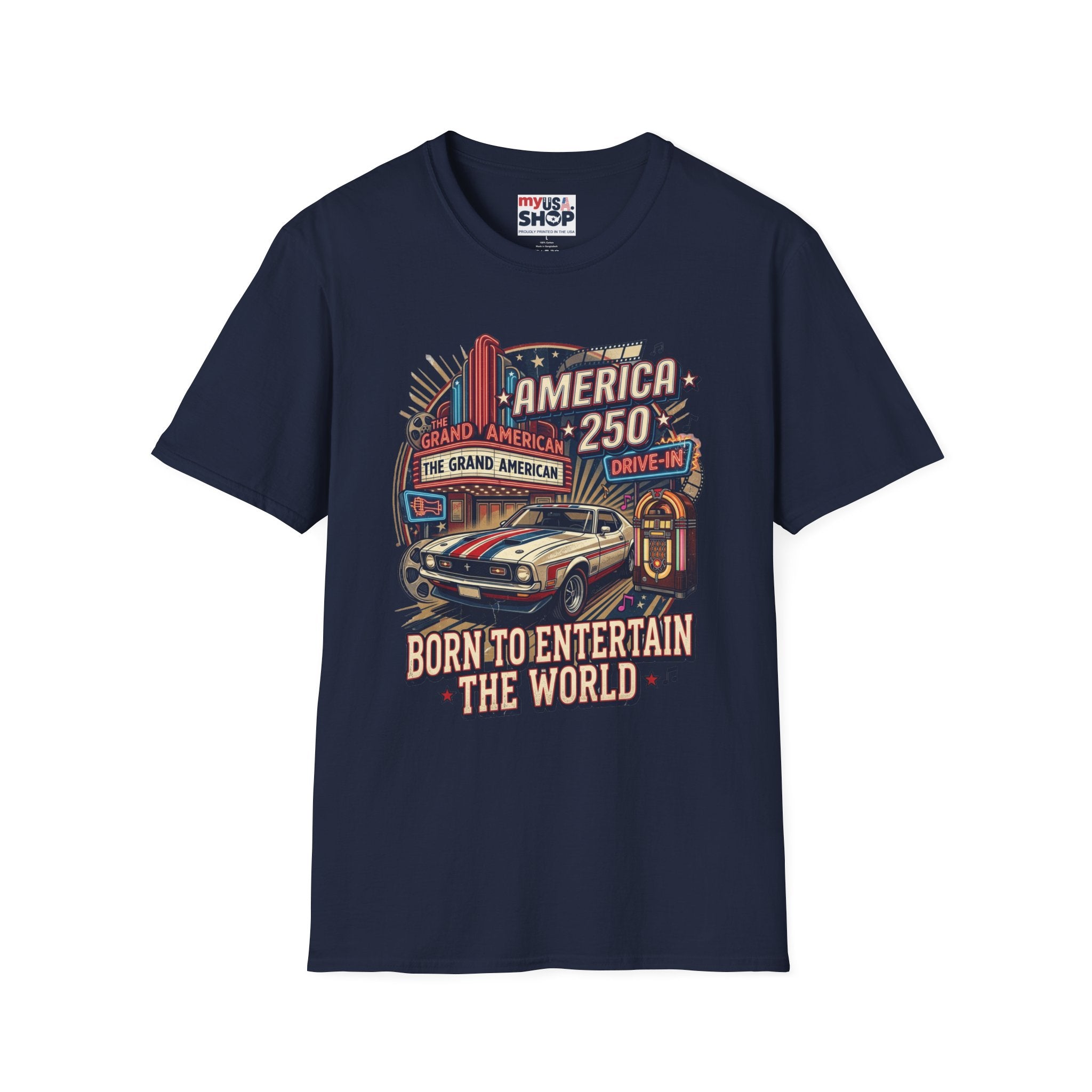 America 250 Vintage Drive-In Car T-Shirt — "Born to Entertain the World" Pop Culture
