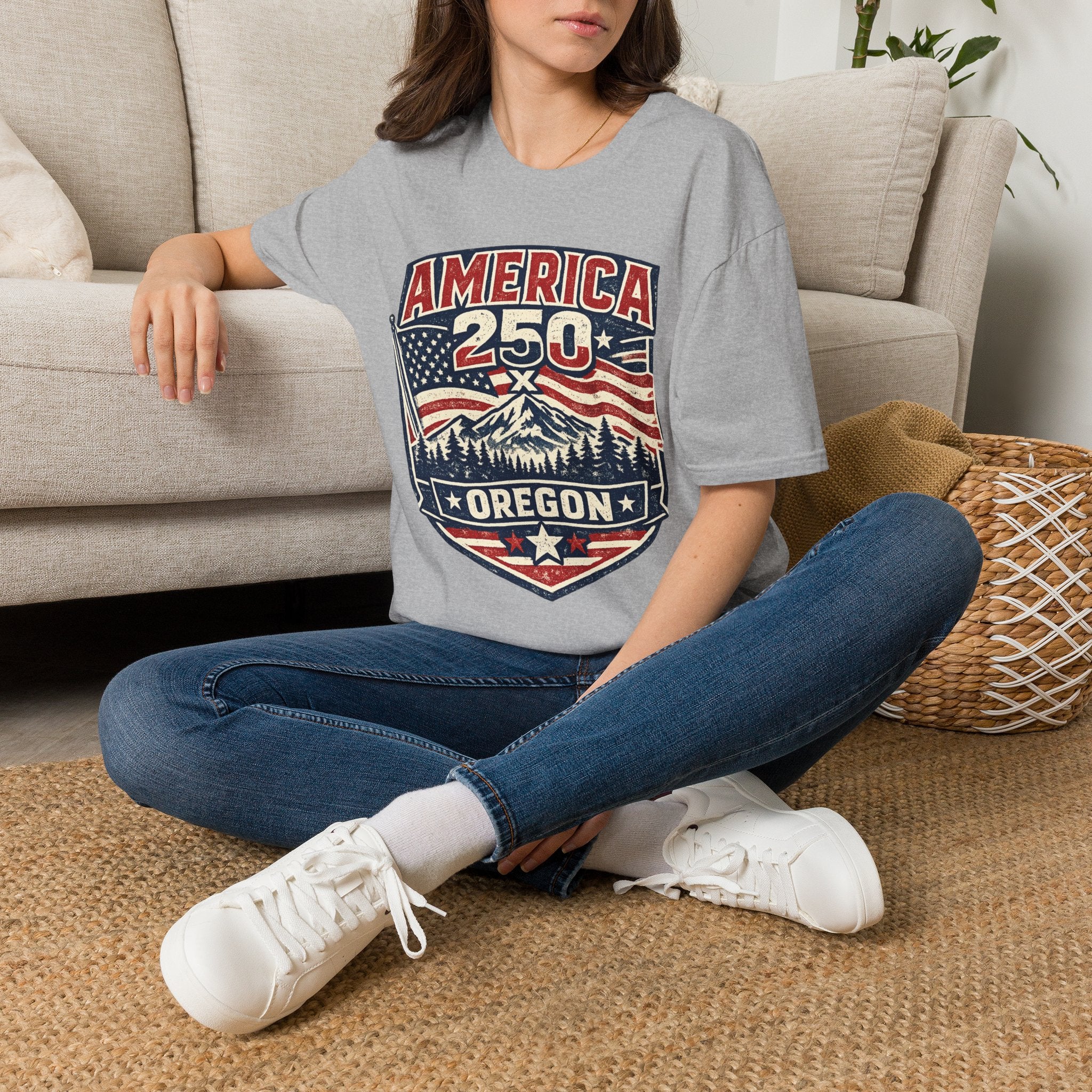 America 250 Oregon Shirt — Patriotic Mountain Flag Badge Tee