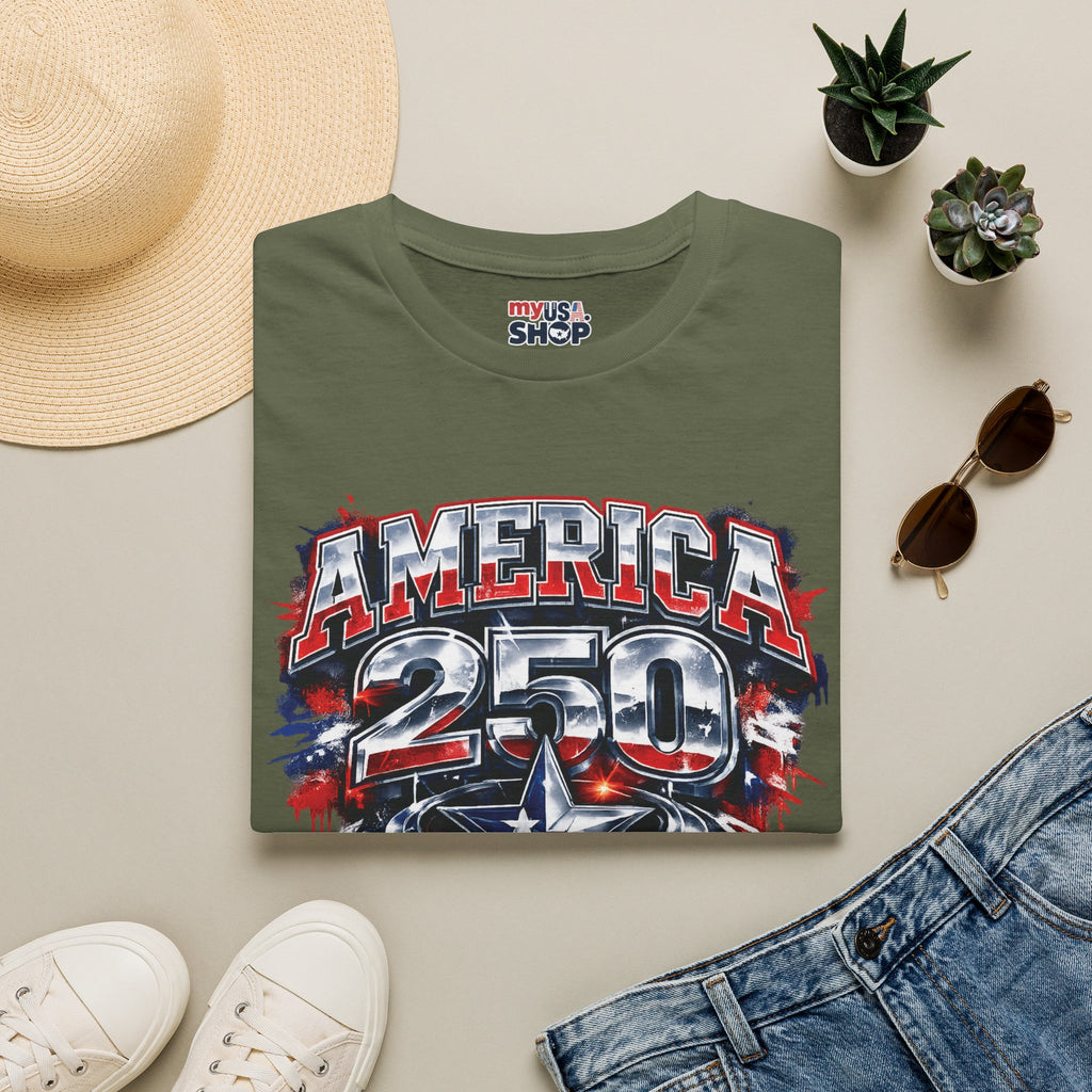 America 250 Texas Shirt — Patriotic Chrome Star Graphic Tee