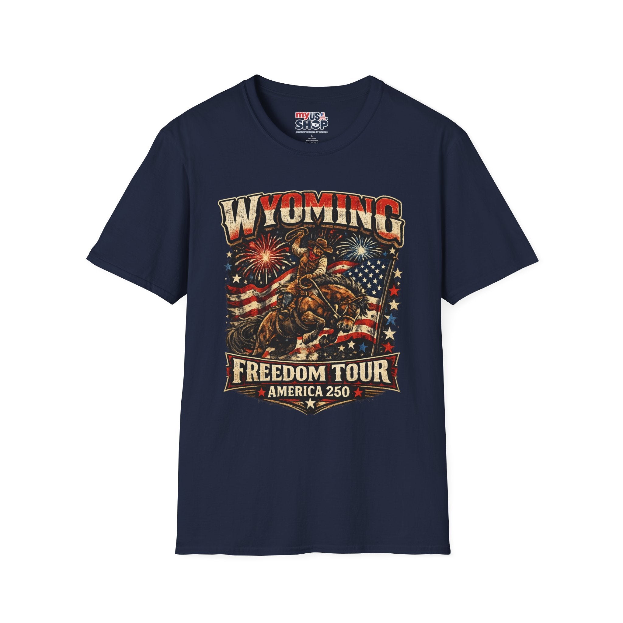 America 250 Freedom Tour T-Shirt — Wyoming Patriotic Rodeo USA Graphic Tee