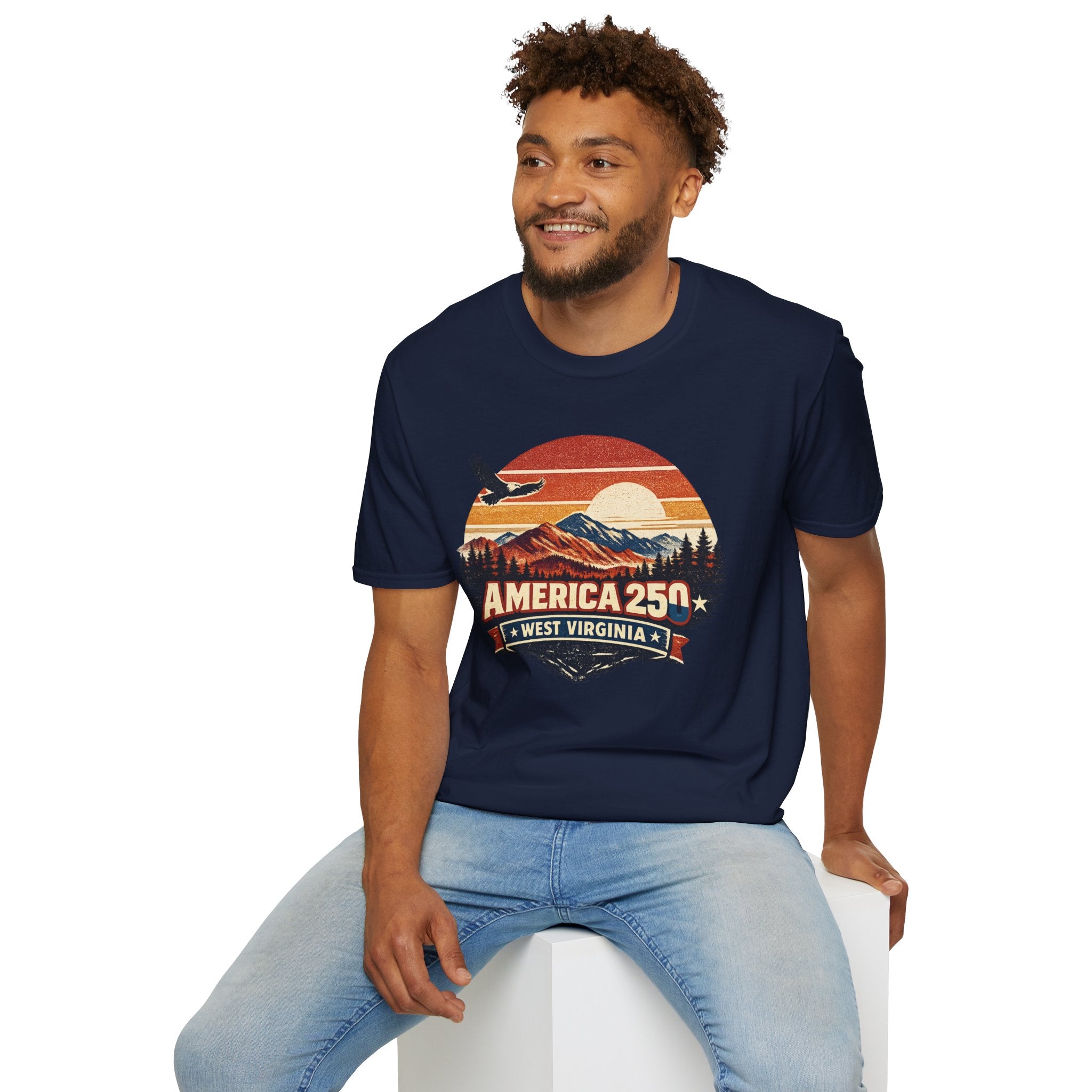 America 250 Retro Sunrise T-Shirt — West Virginia Scenic Eagle Design