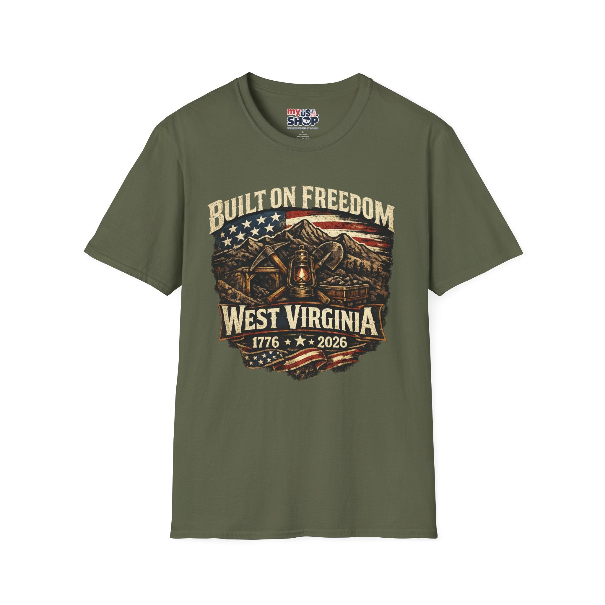 America 250 T-Shirt — Built on Freedom West Virginia Vintage Flag Mountain