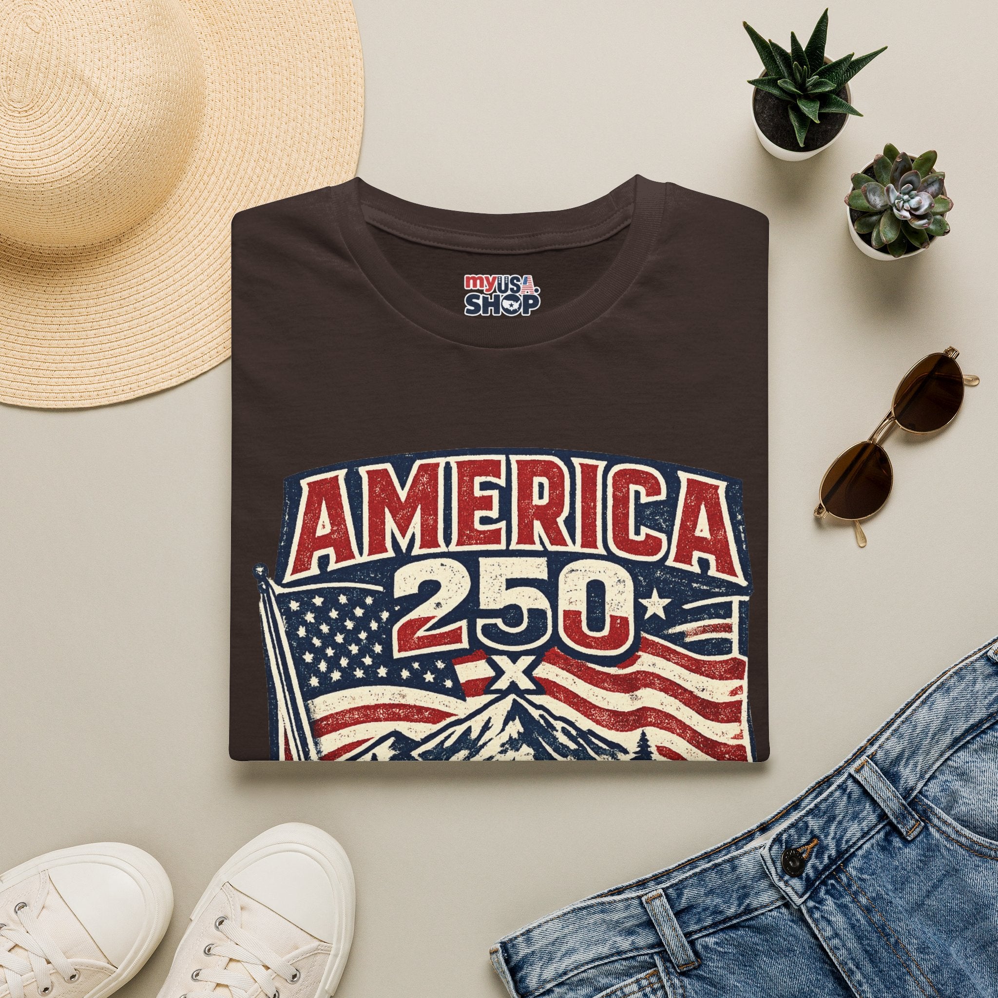 America 250 Oregon Shirt — Patriotic Mountain Flag Badge Tee