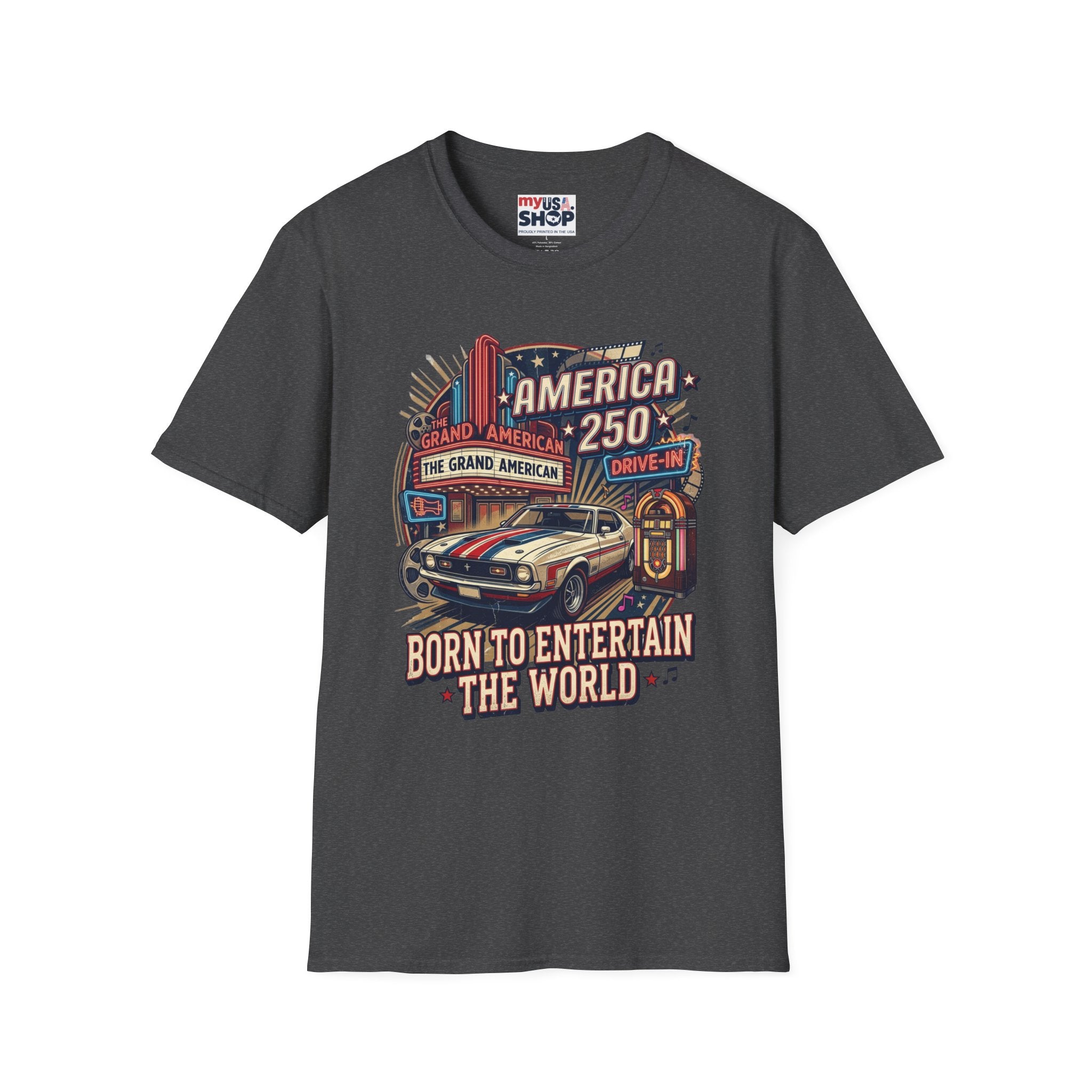 America 250 Vintage Drive-In Car T-Shirt — "Born to Entertain the World" Pop Culture
