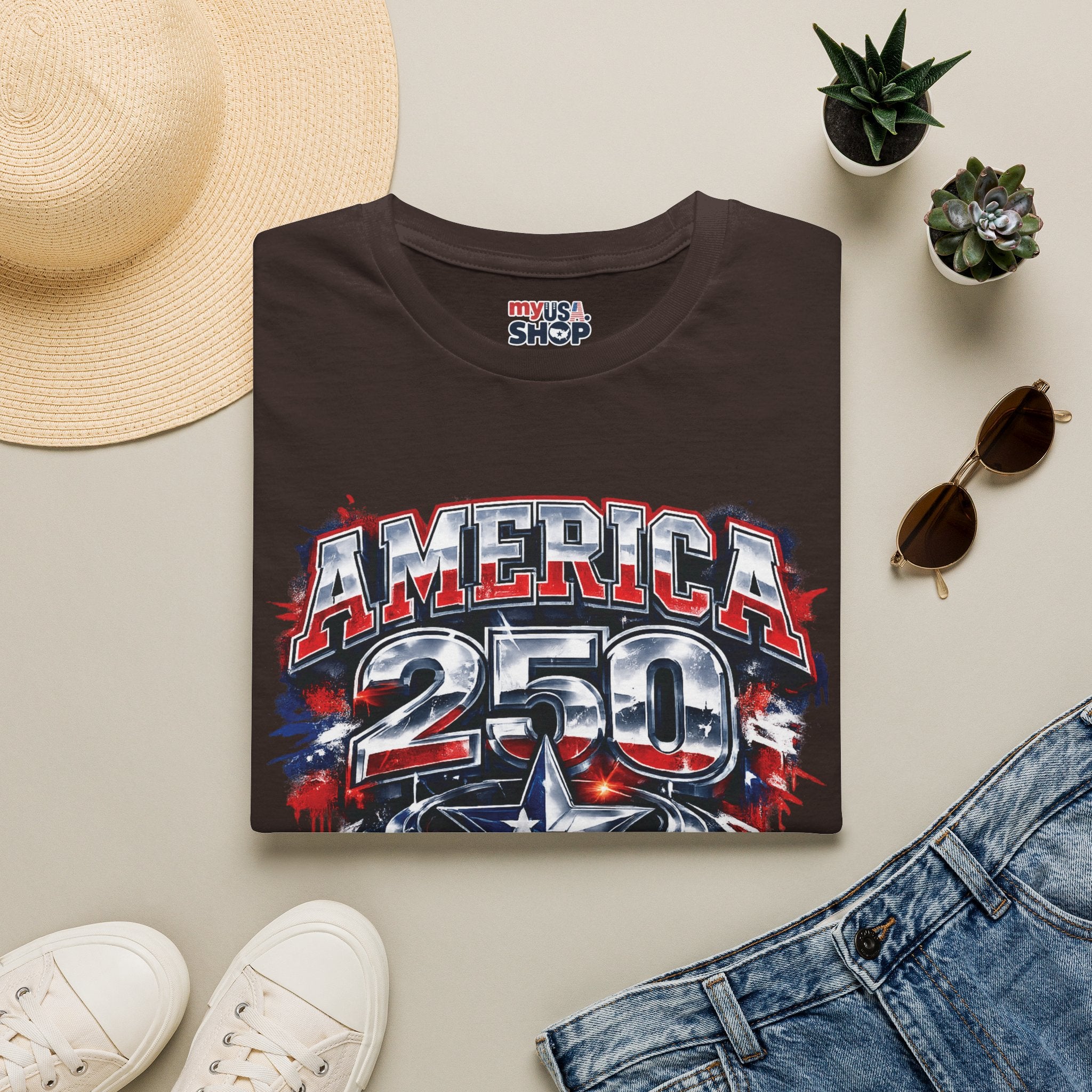 America 250 Texas Shirt — Patriotic Chrome Star Graphic Tee