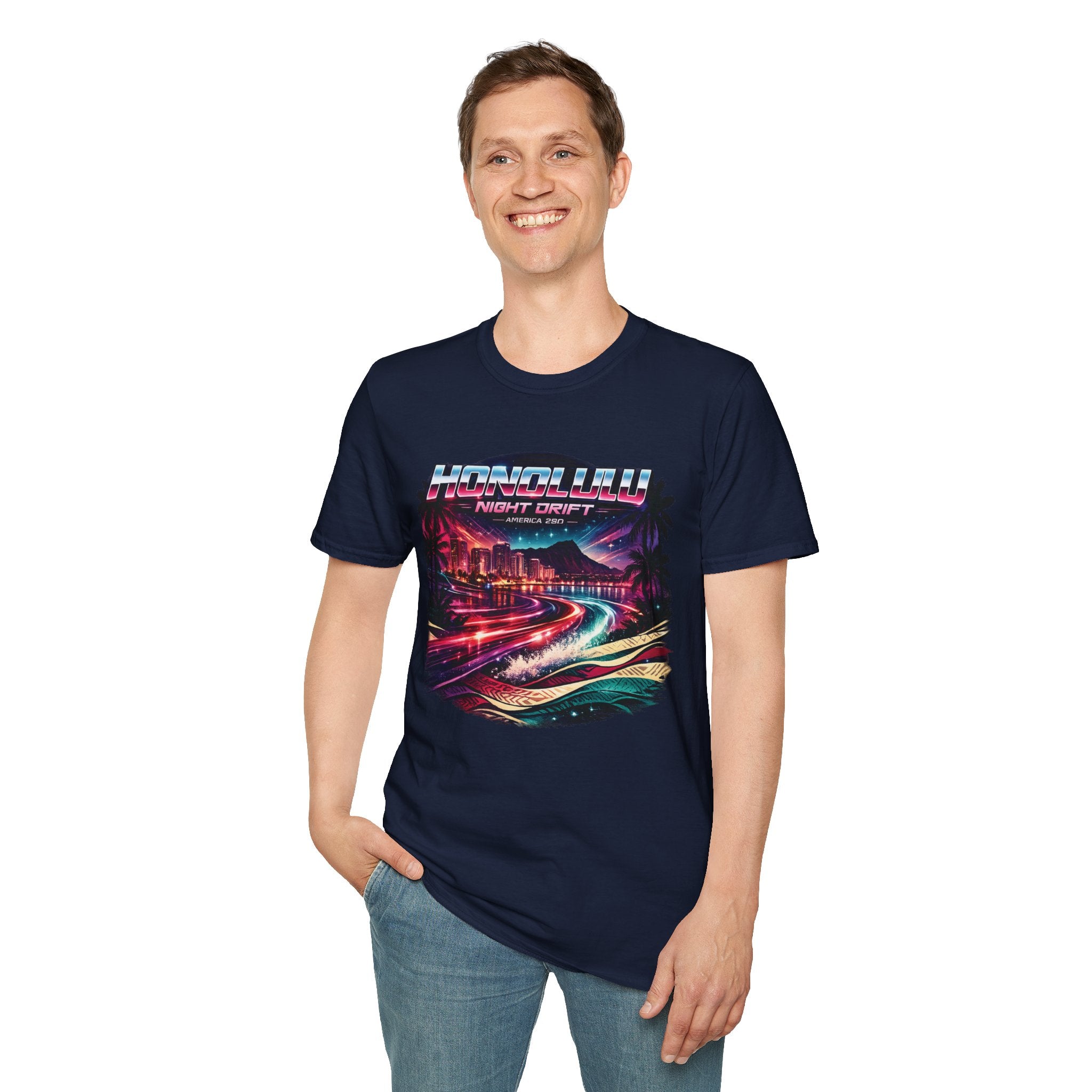 America 250 Honolulu Night Drift T-Shirt — Retro Neon Hawaii Surf & Cityscape Tee