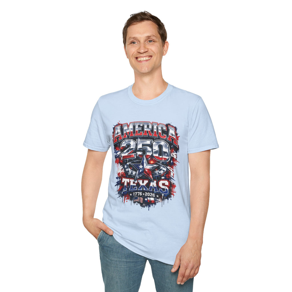 America 250 Texas Shirt — Patriotic Chrome Star Graphic Tee