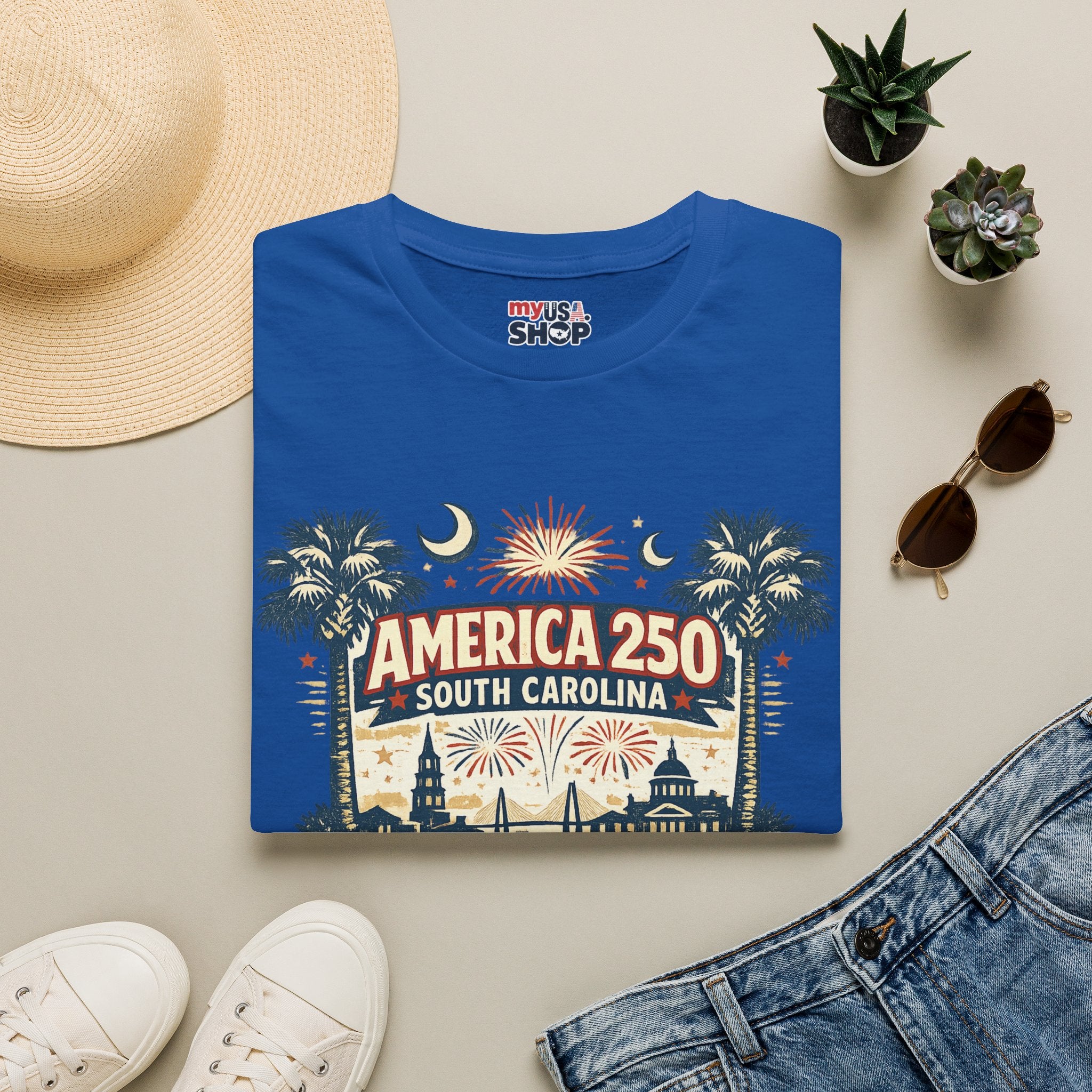 America 250 South Carolina T‑Shirt — Patriotic 250th Anniversary Tee with Palms & Fireworks