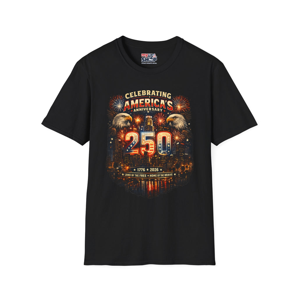 America 250 Los Angeles Celebrating Anniversary Dual Eagle Skyline 1776 2026 Land of the Free California Tee