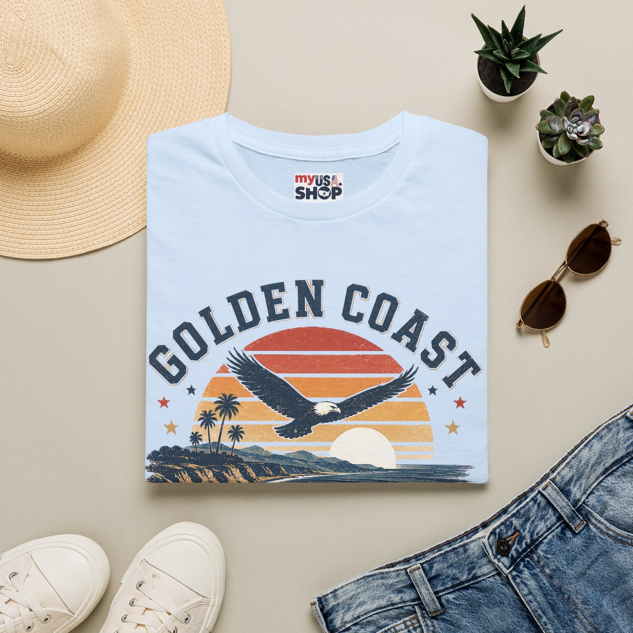 Golden Coast T-Shirt — Retro Sunset Eagle America 250 Beach Tee