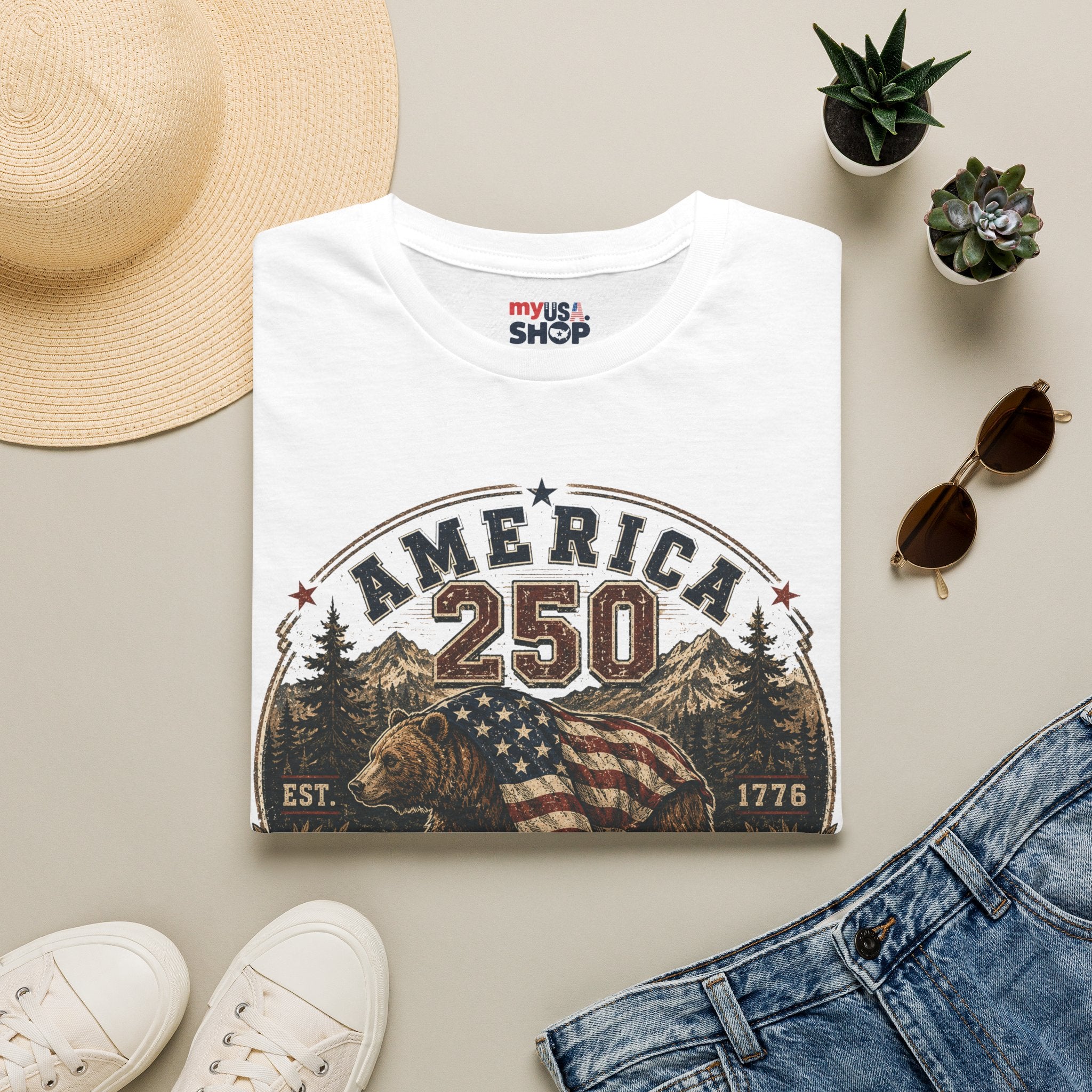 America 250 California T-Shirt — 250 Years of Freedom Patriotic Bear Design